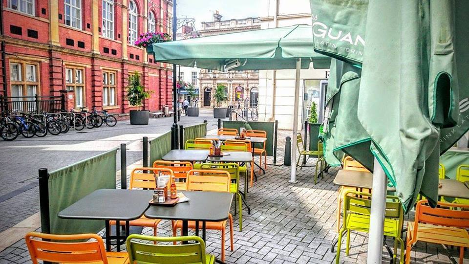 Outdoor seating area at Las Iguanas Leamington Spa, perfect for networking events.