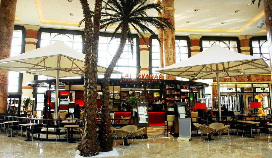 Vibrant café venue with palm trees for networking events in Las Iguanas Manchester.