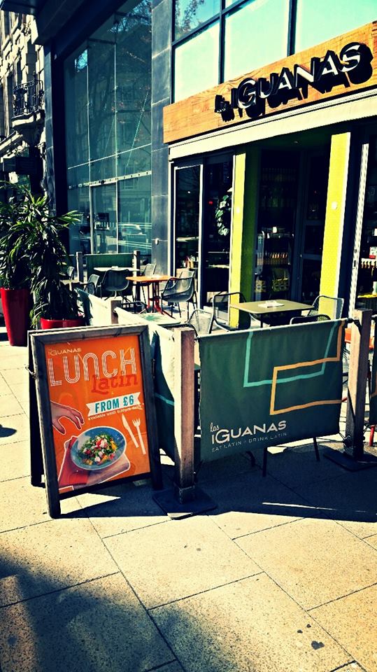 Outdoor dining area at Las Iguanas Manchester, perfect for casual meetings and networking.