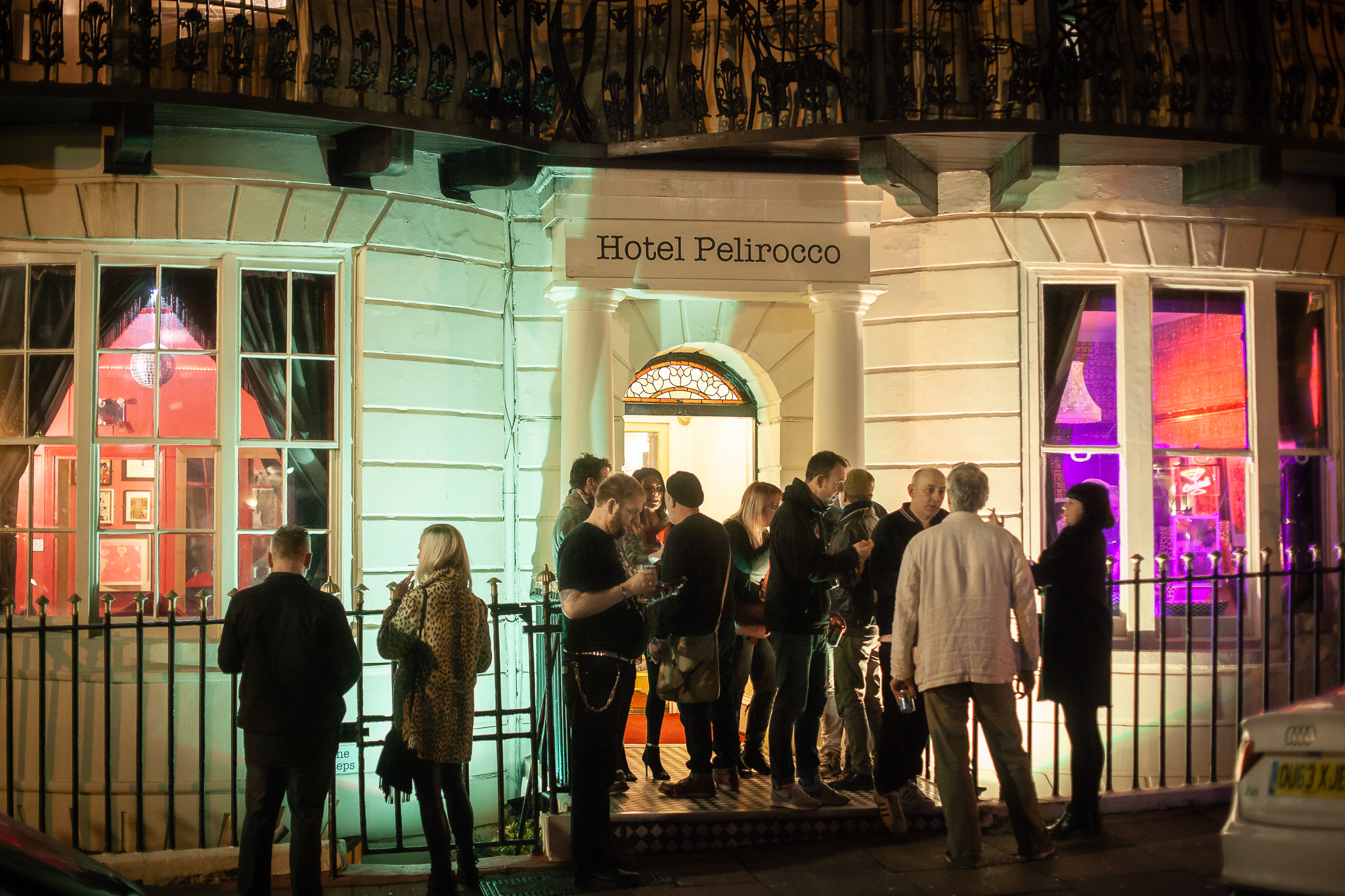 Vibrant Hotel Pelirocco venue with colorful lighting, perfect for events and gatherings.