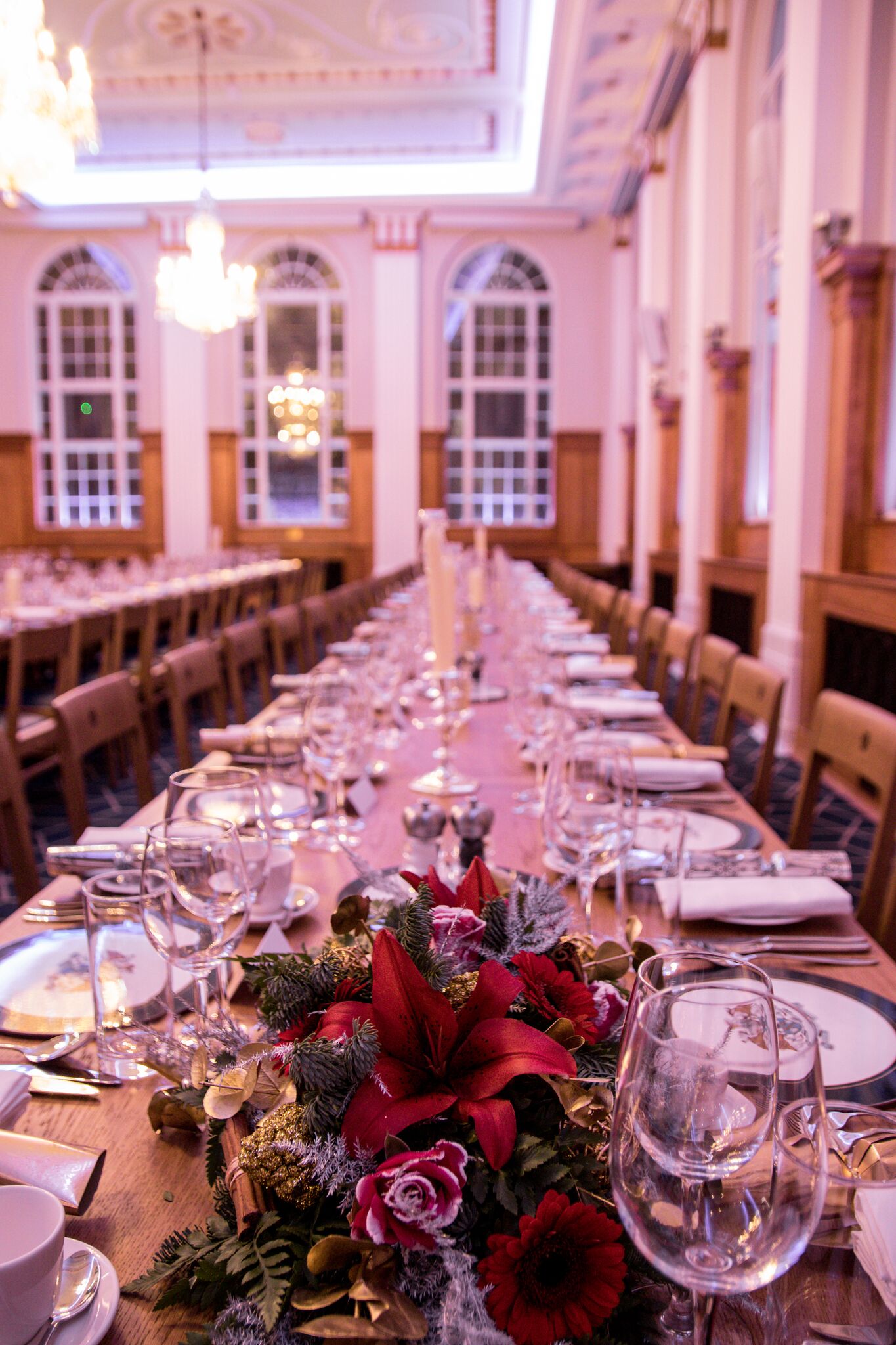 Elegant dining table setup in Great Hall, perfect for formal events and celebrations.