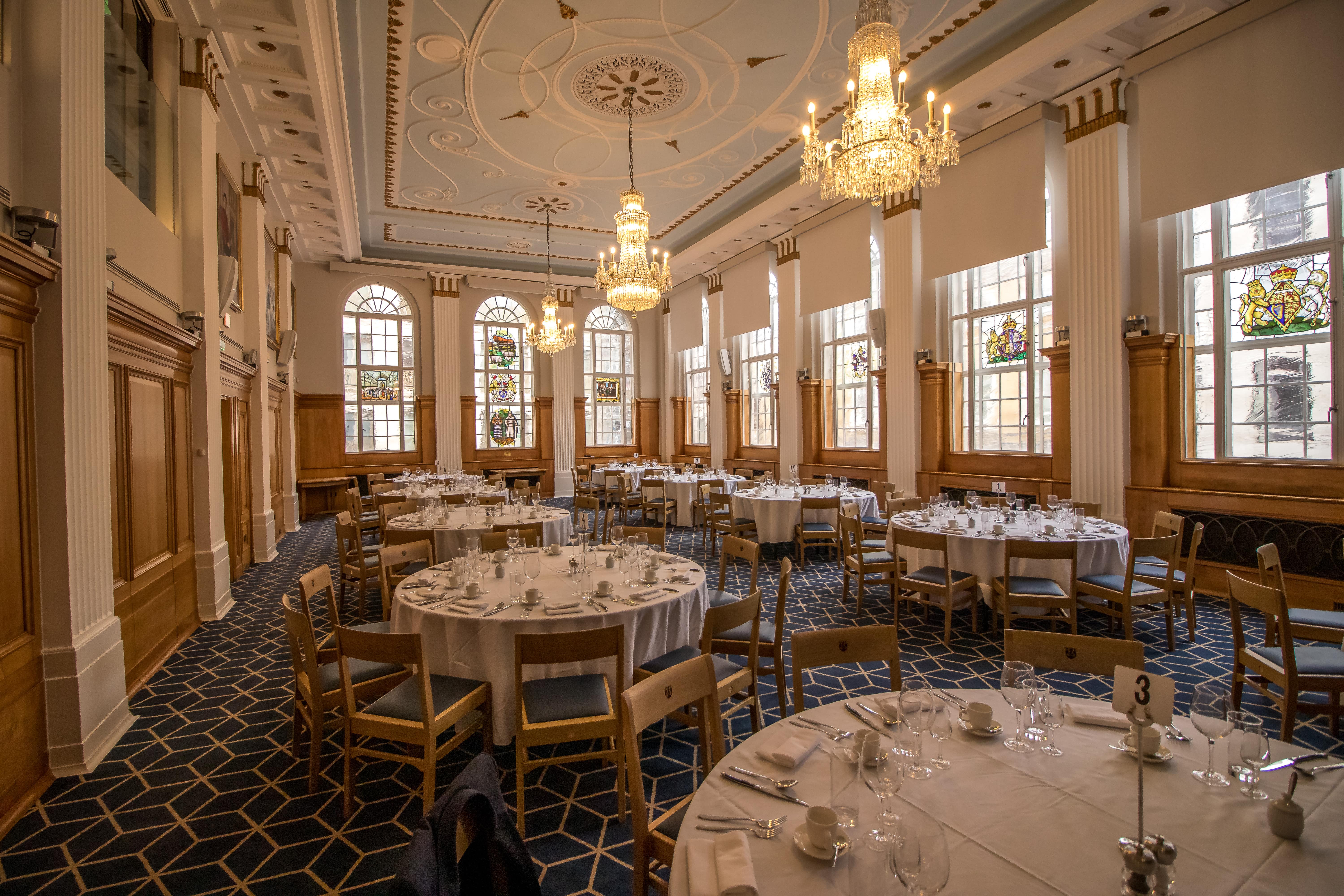 Great Hall at 87 Barts Close, elegant chandeliers, ideal for corporate events and receptions.