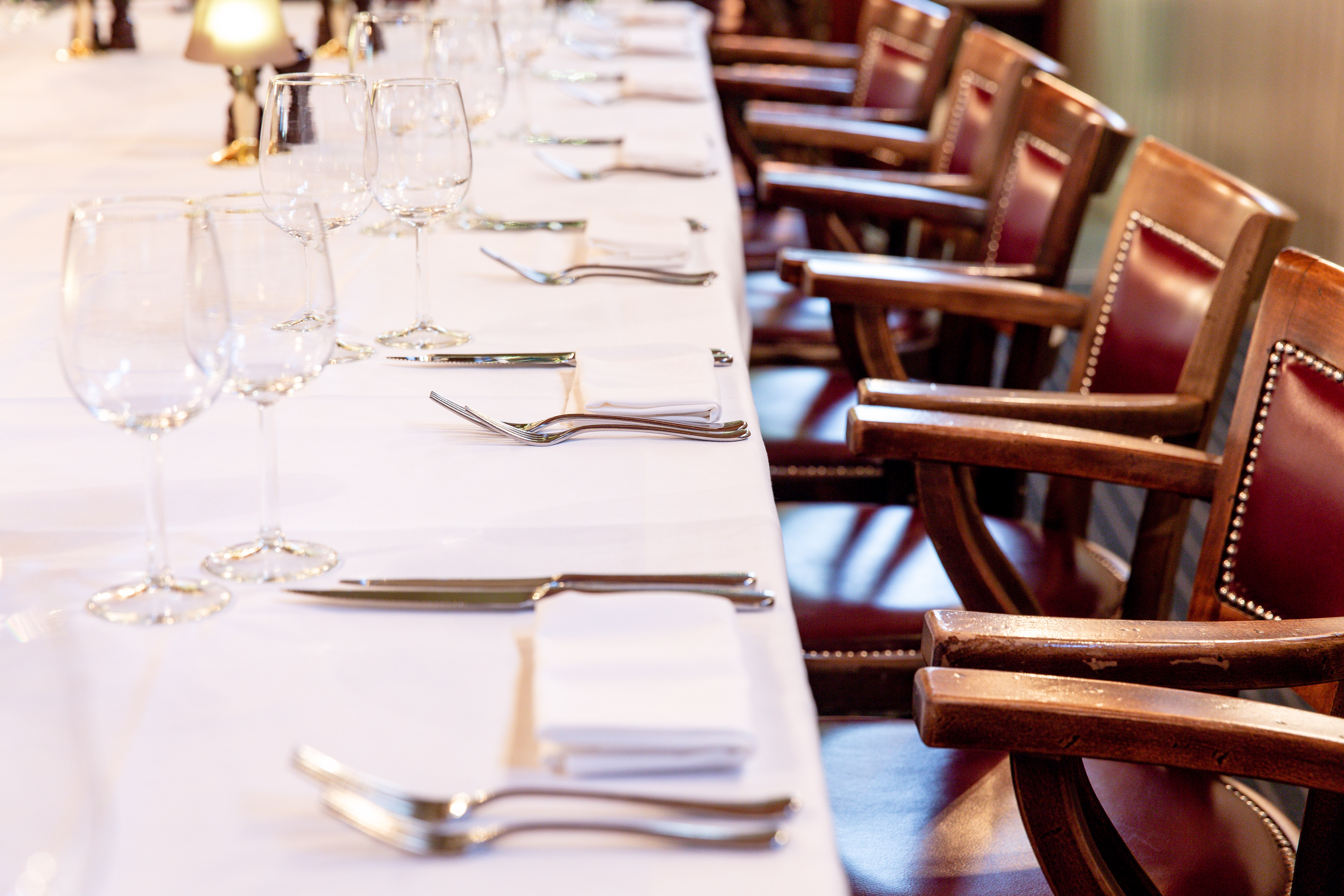 Elegant dining table setup at London Steakhouse for corporate events and networking.