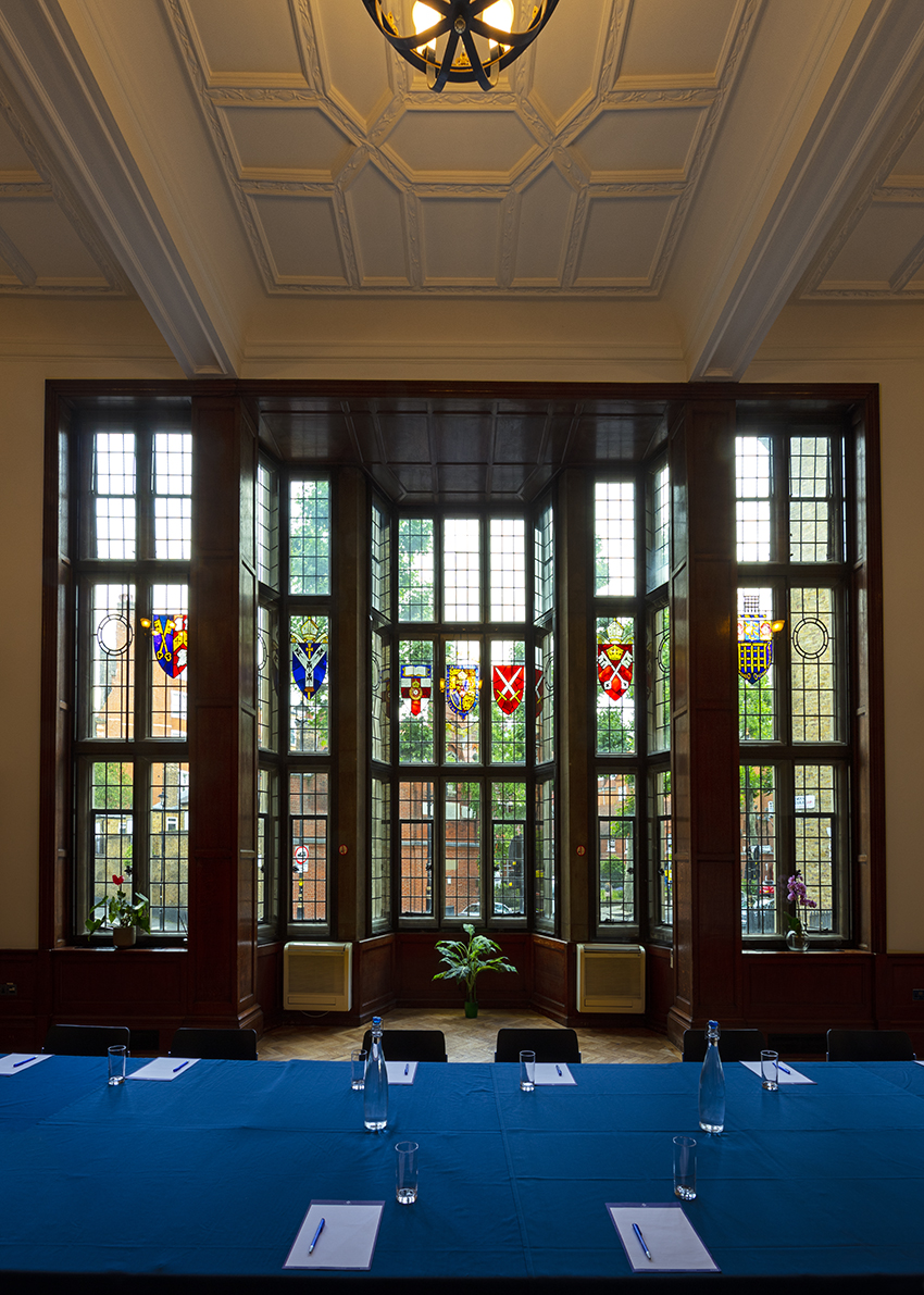 Wellington Suite stained glass windows, elegant venue for events and meetings.