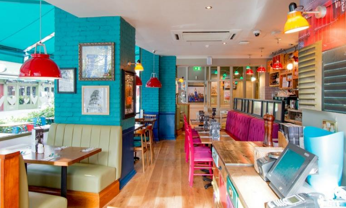 Vibrant Bella Italia venue in London, perfect for casual meetings and small events.