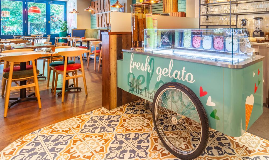 Vibrant gelato cart in modern dining space for events at Bella Italia Southampton.