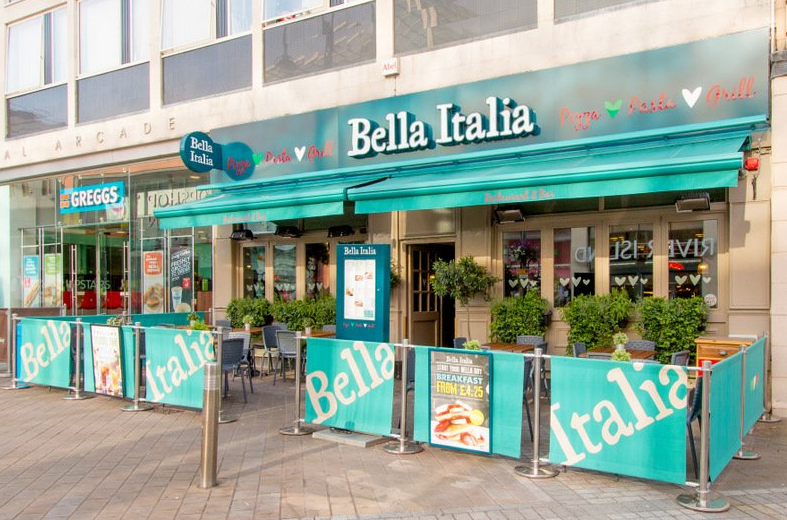 Vibrant Bella Italia Leeds venue with outdoor seating for casual meetings and networking events.
