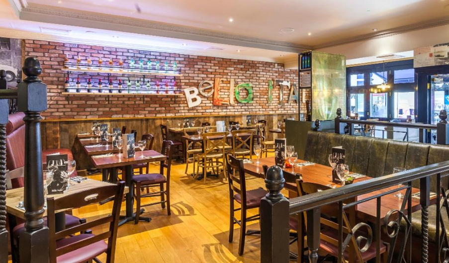 Vibrant Bella Italia venue with warm decor, perfect for intimate gatherings and meetings.