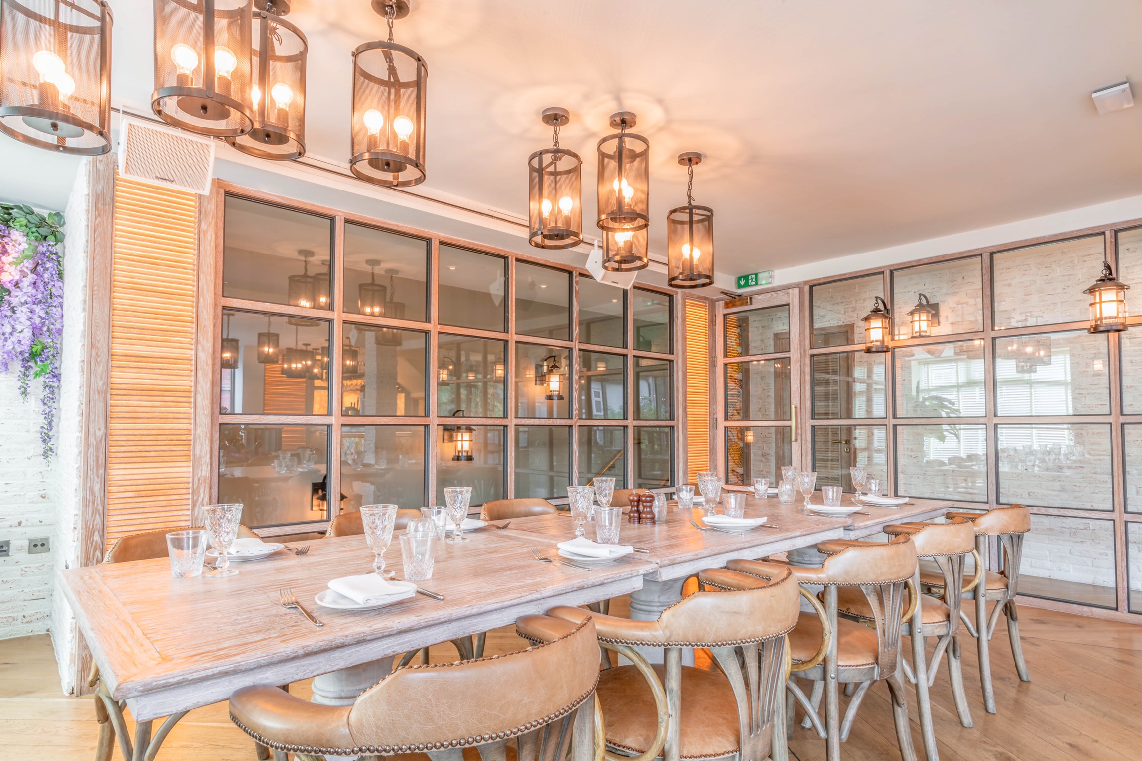 Stylish dining space in The Blossom Room, ideal for corporate dinners and private events.