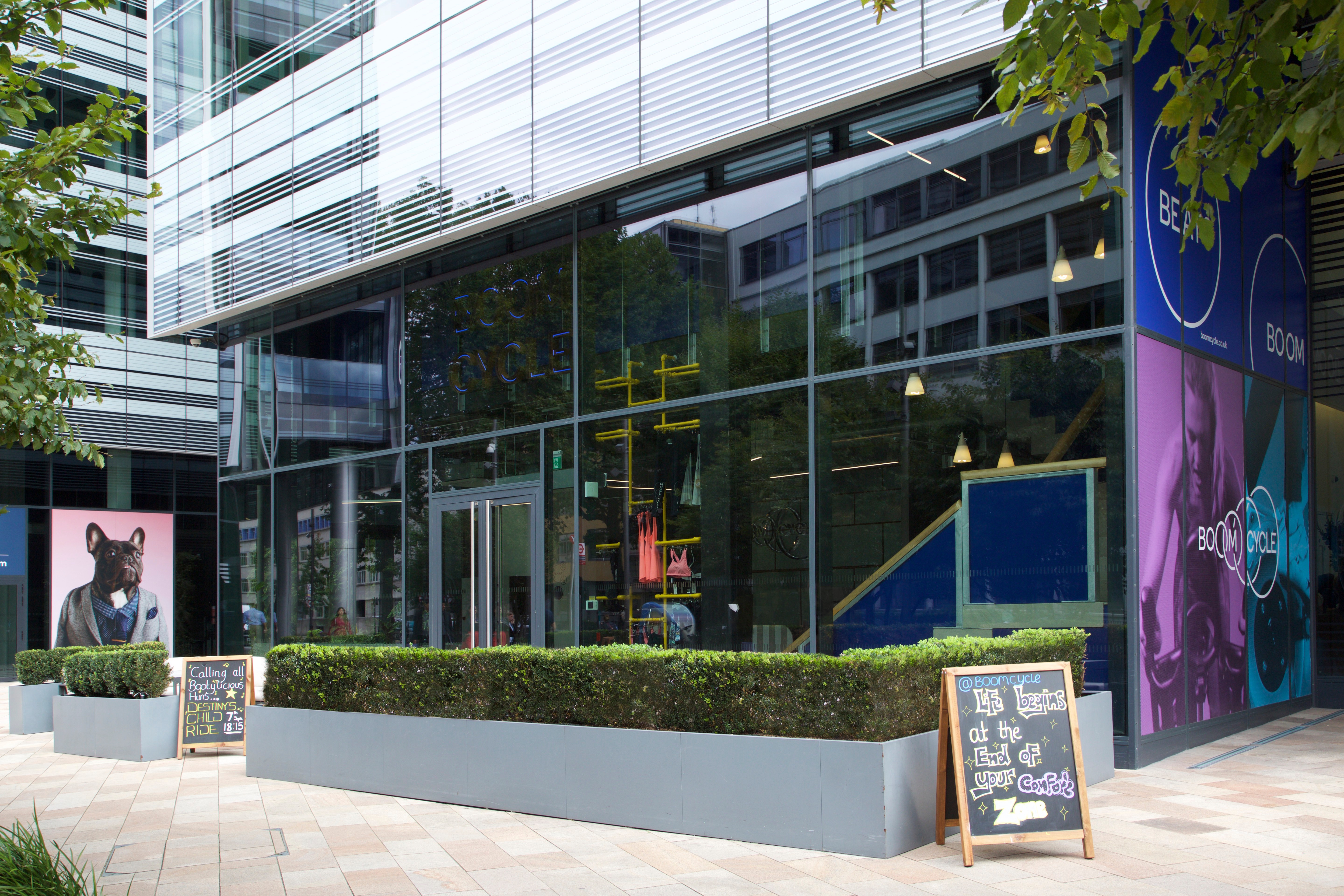 Modern reception area at Boom Cycle Hammersmith, ideal for networking and corporate events.