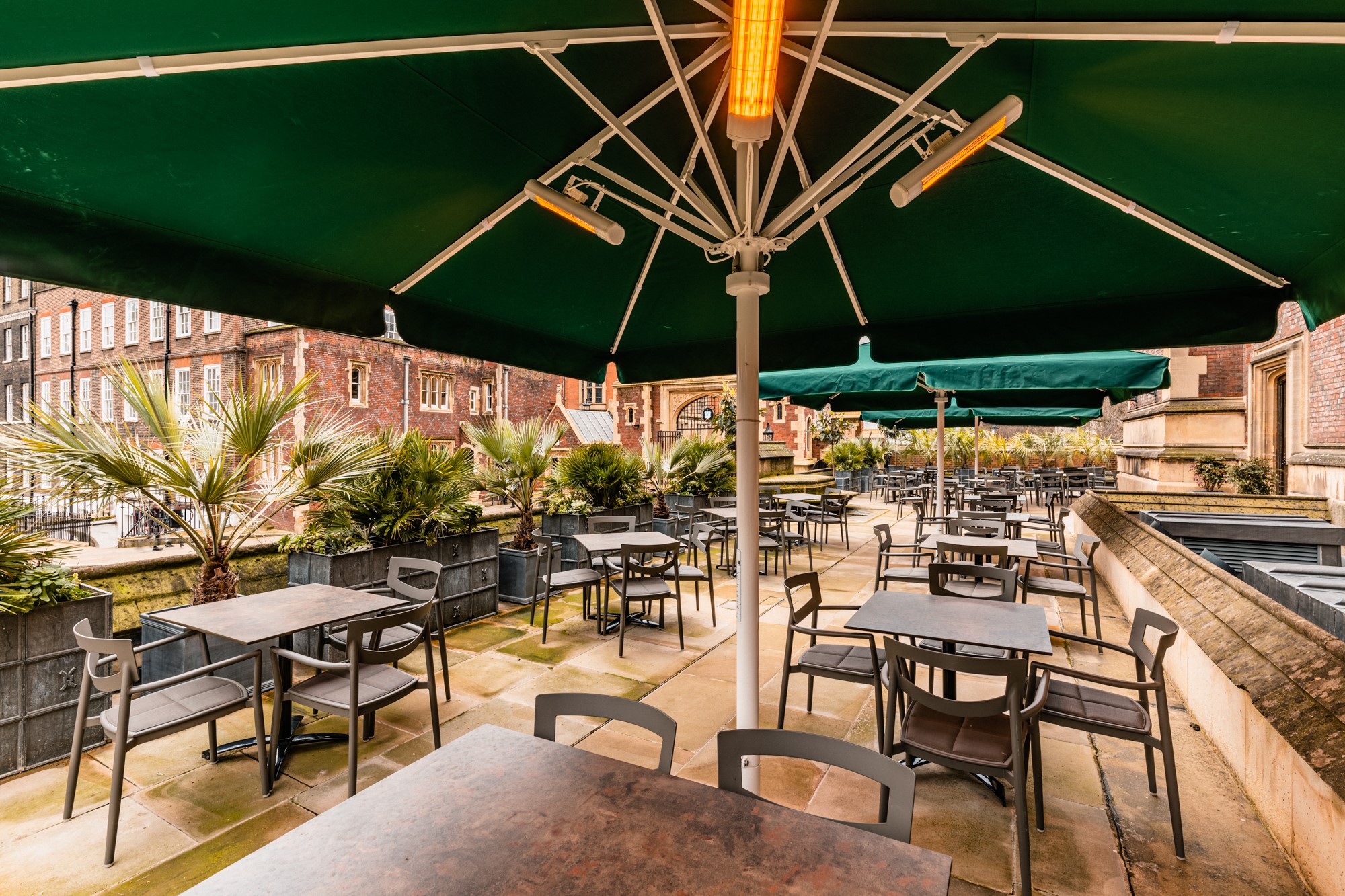 Members' Common Room at Lincoln's Inn: outdoor venue with green umbrellas for events.