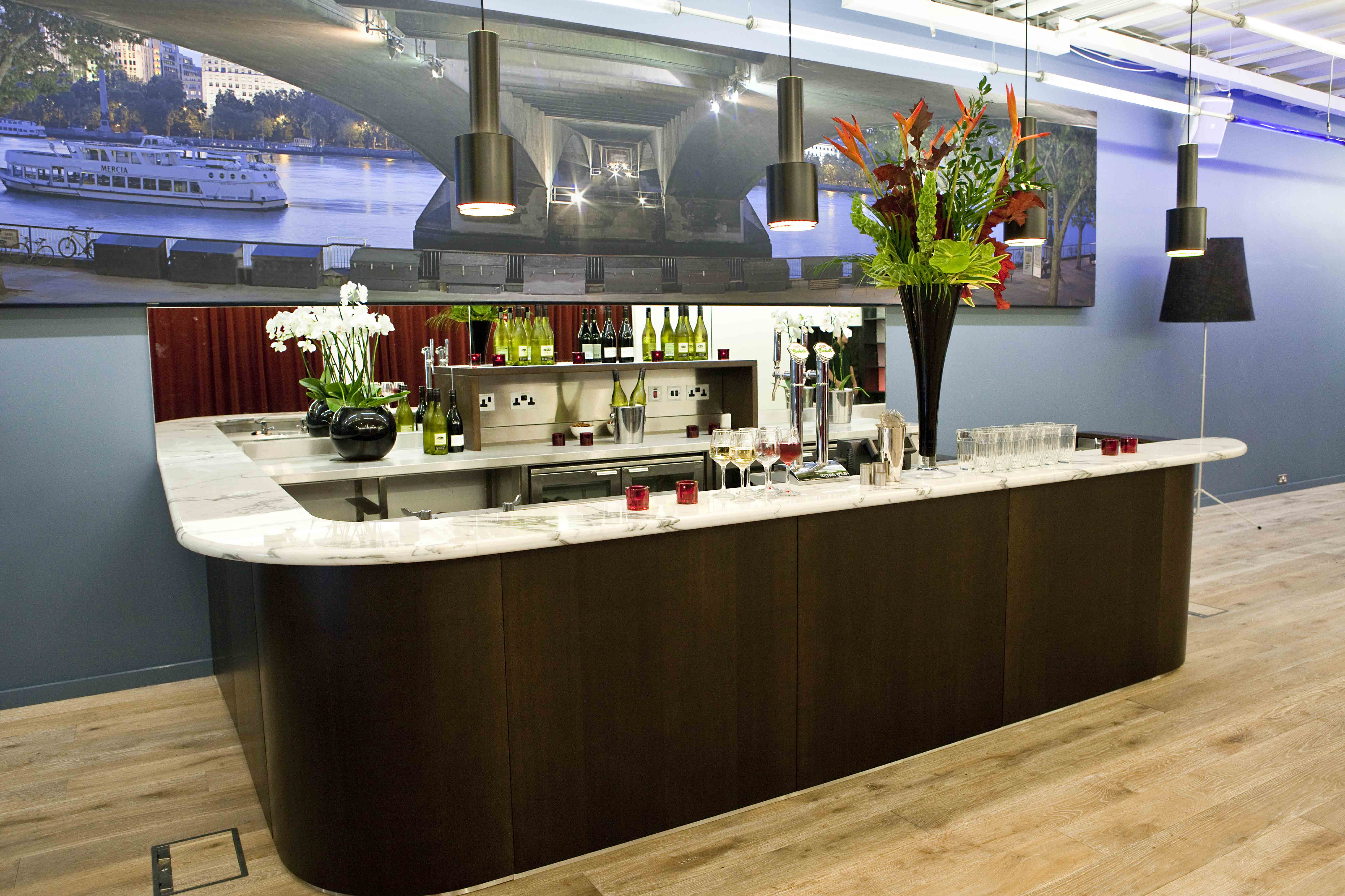 Blue Room at BFI Southbank: modern bar with marble countertop for events and meetings.