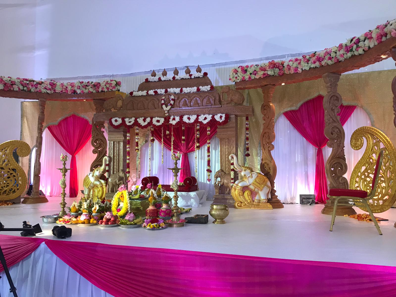 Grand Ballroom at The Mayfair, decorated stage for cultural events and weddings.