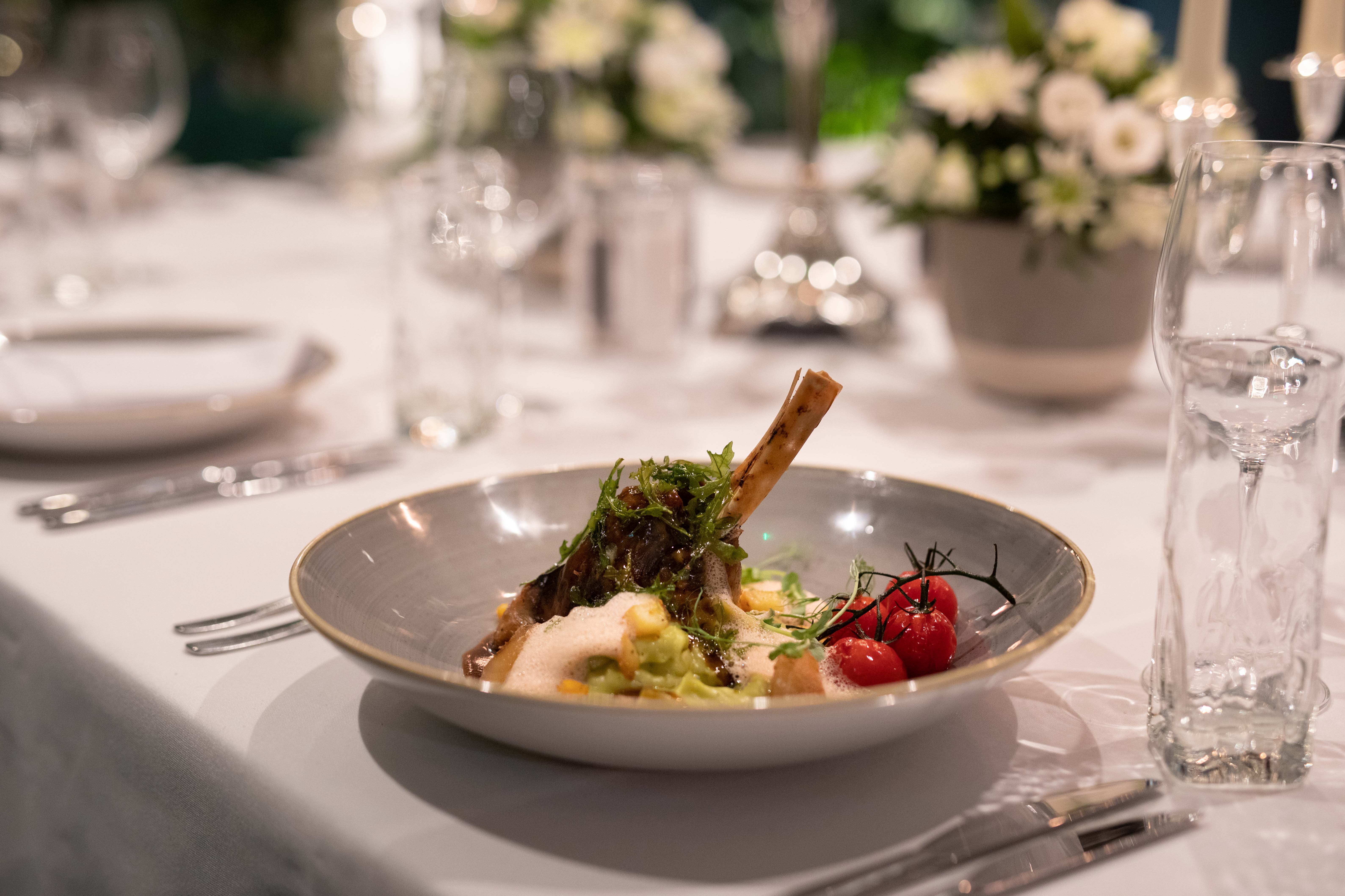 Elegant dish presentation in Green Room, Holiday Inn London Whitechapel for upscale events.