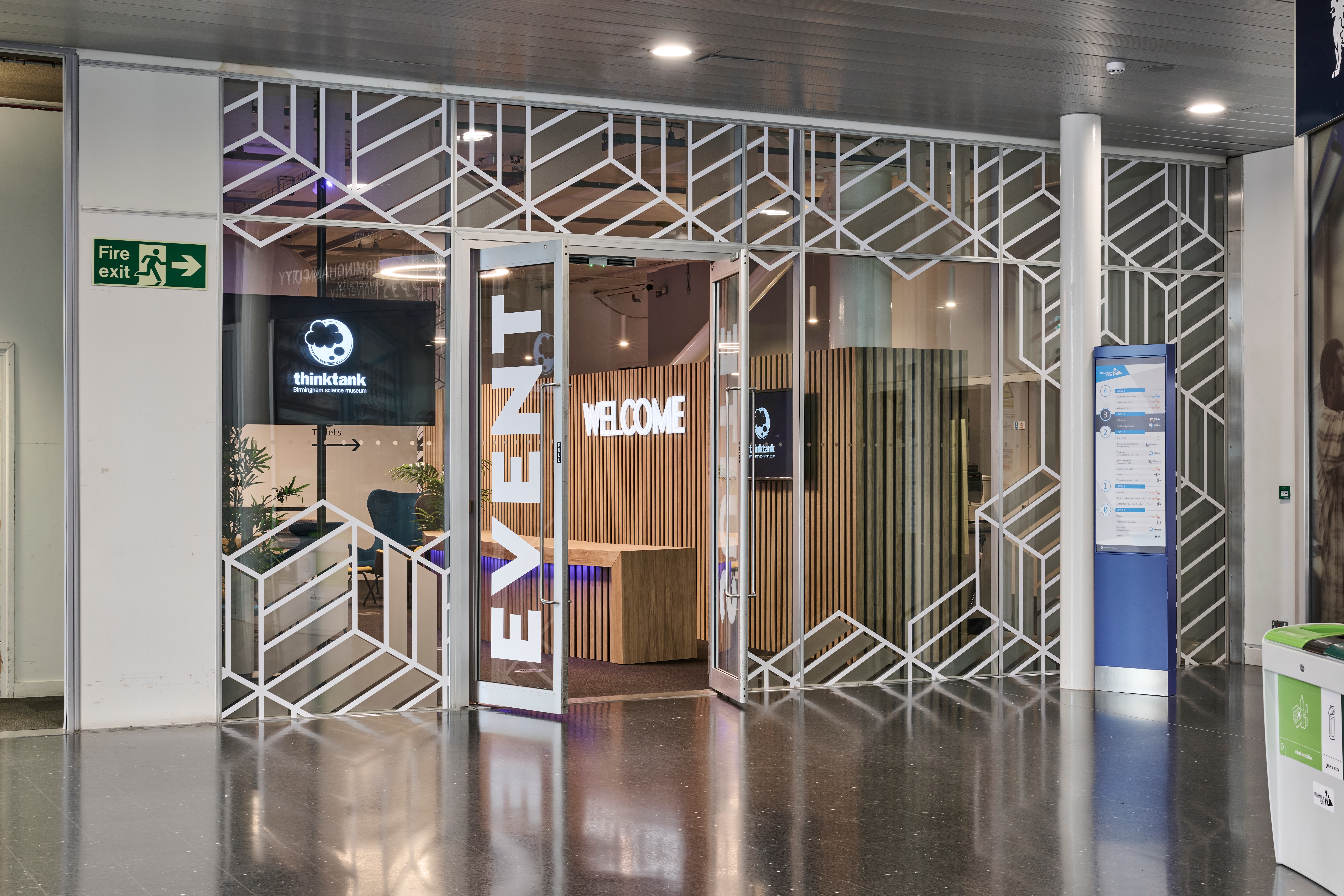 Modern Event Suite entrance at Thinktank with branded reception desk for professional registration.