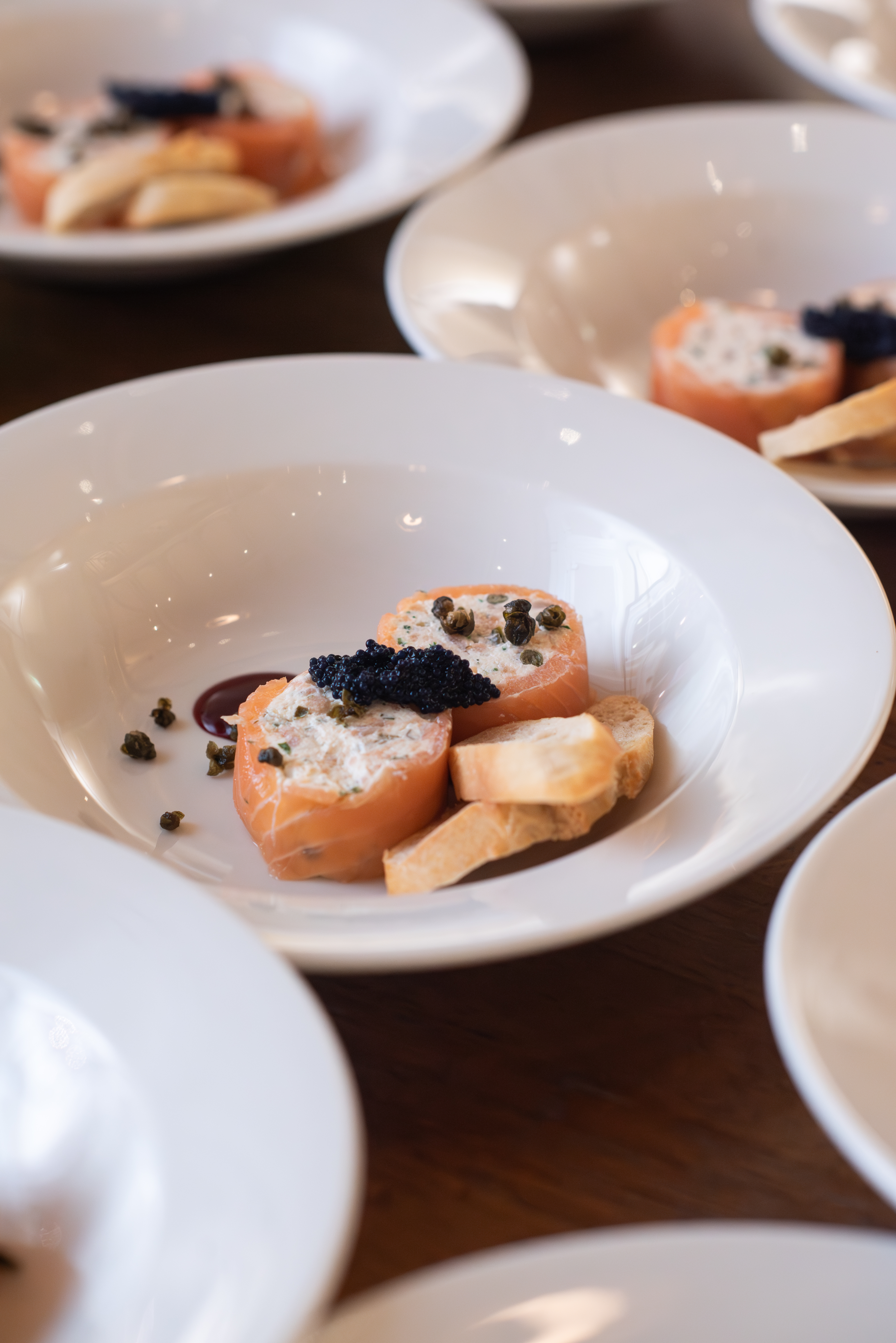 Salmon roulade with capers and caviar at Birmingham's Industrial Gallery event catering