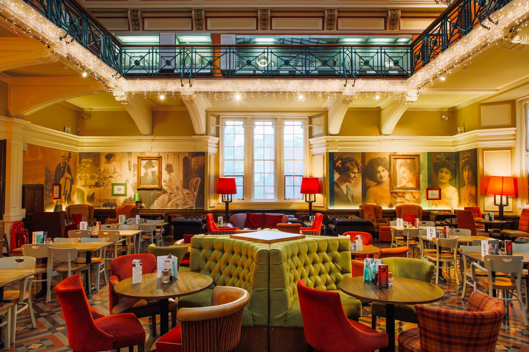 Edwardian Tea Rooms in Birmingham, vibrant decor, ideal for networking events and gatherings.
