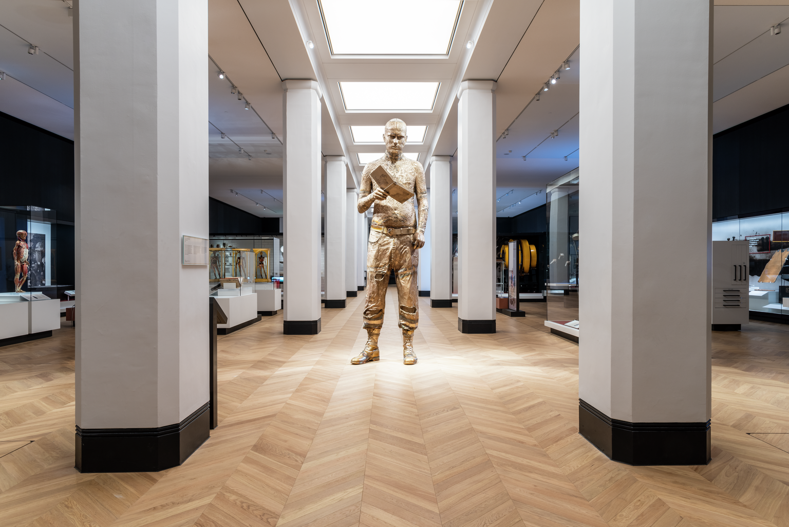 "Wellcome Galleries at Science Museum: modern venue with central sculpture for events"