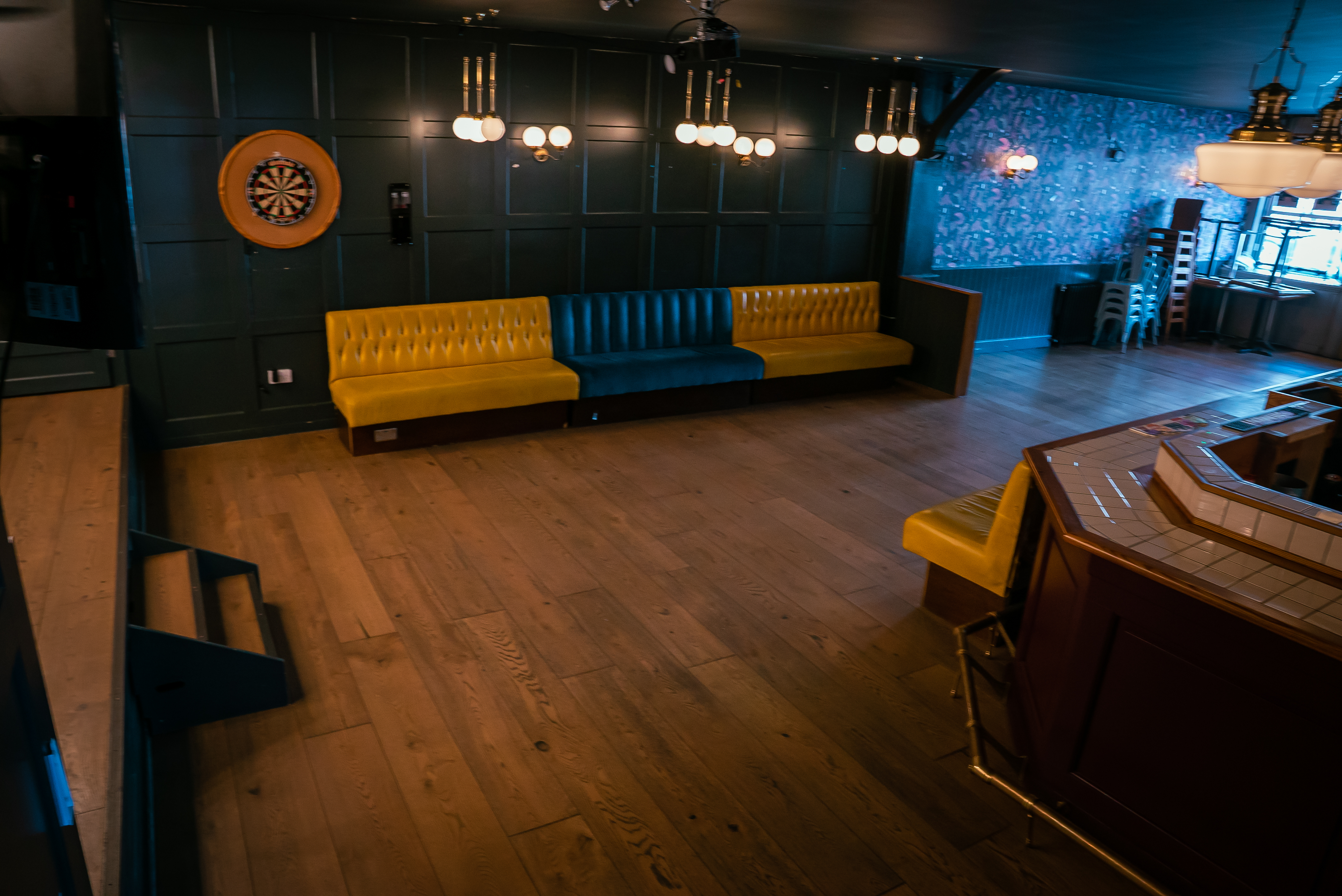 Stylish event space at Tigers Lounge with vibrant seating for networking and gatherings.