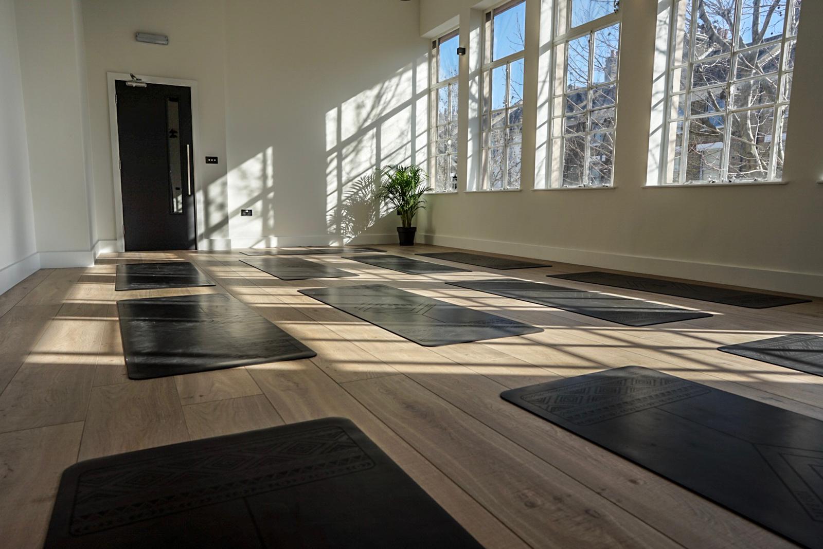 Serene yoga studio with natural light, ideal for wellness retreats and mindfulness workshops.