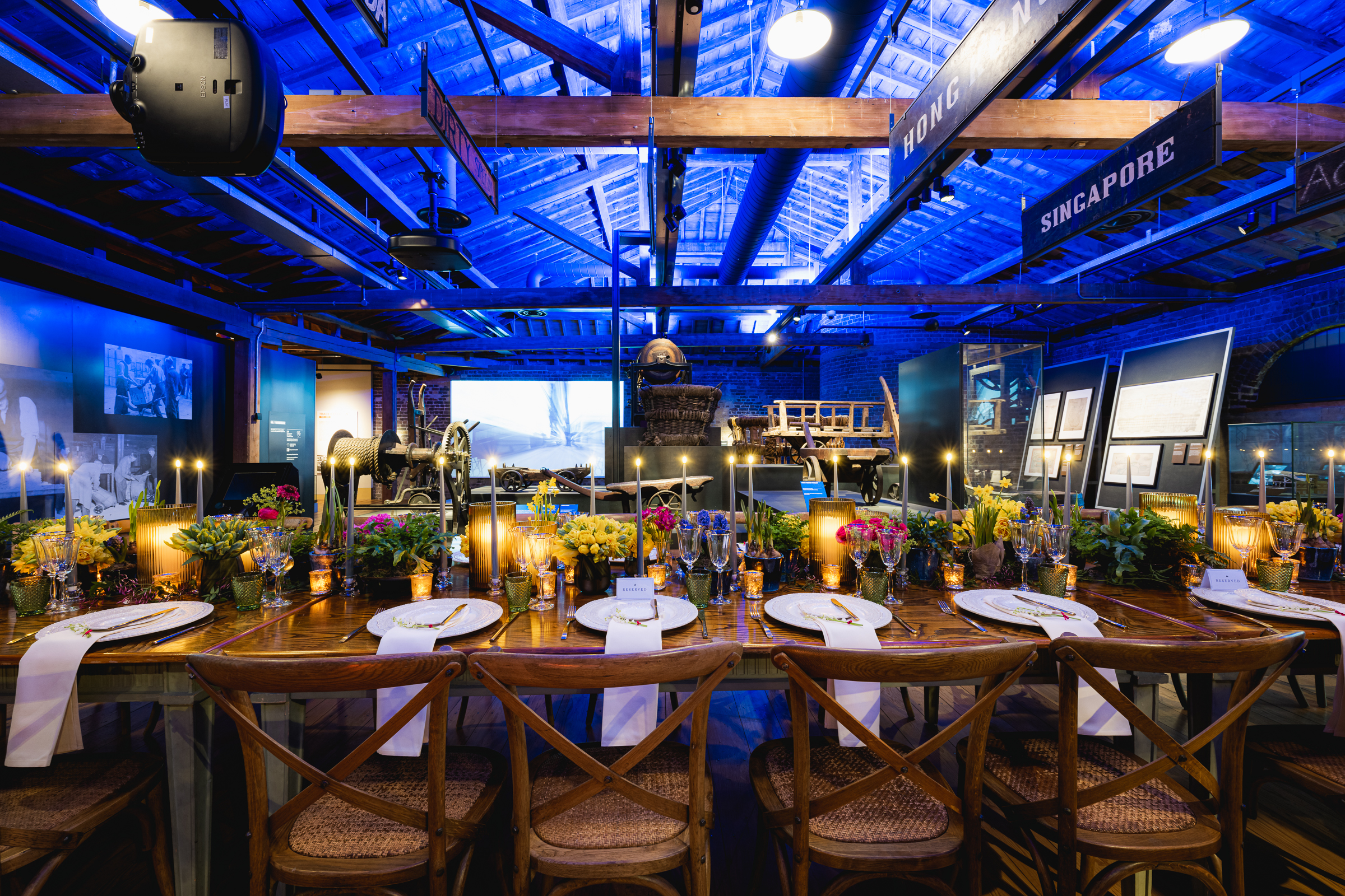 London Museum Docklands gala dinner, immersive dining, ambient lighting