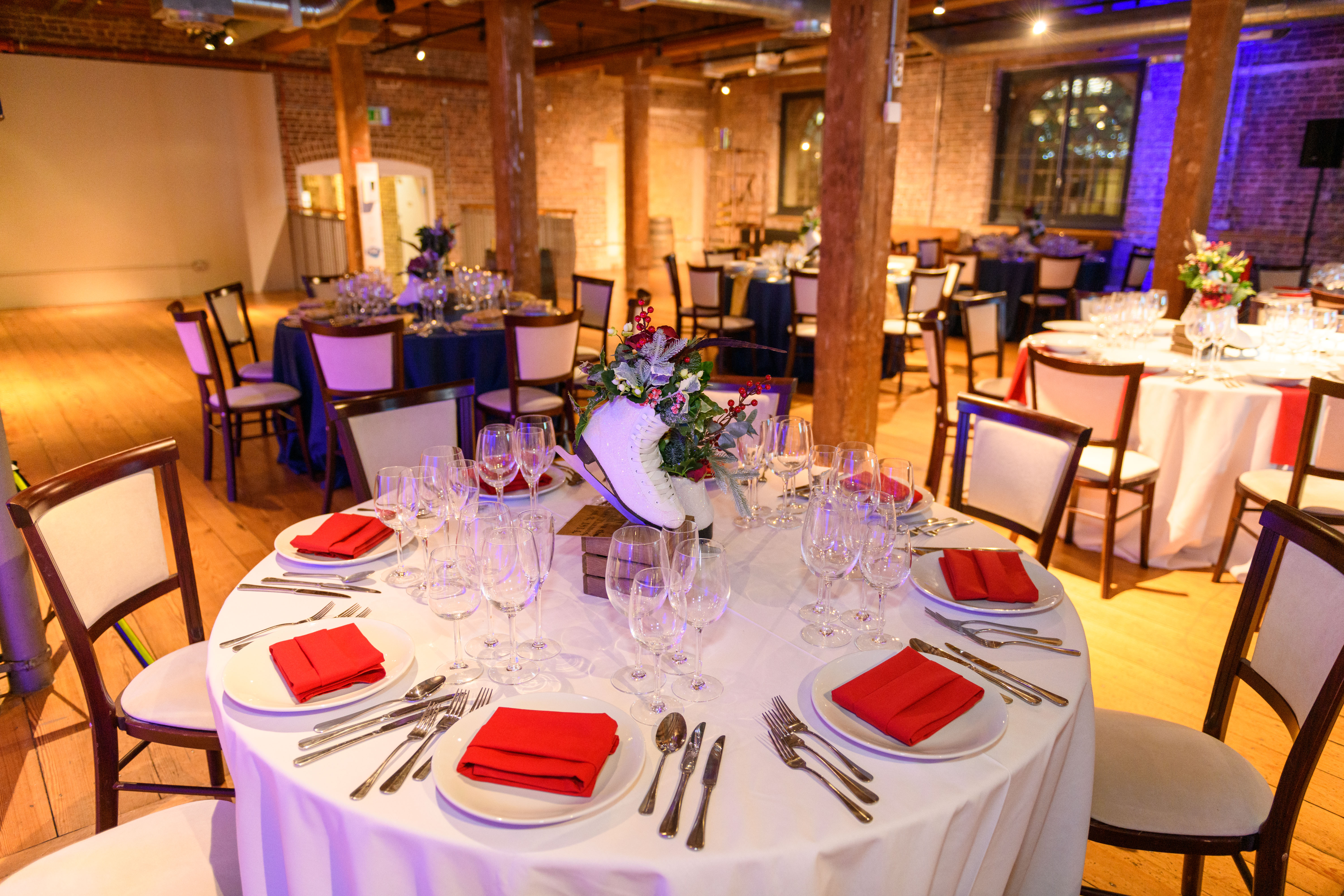 Elegant dining area in Rum Store, London Docklands for upscale events and gatherings.