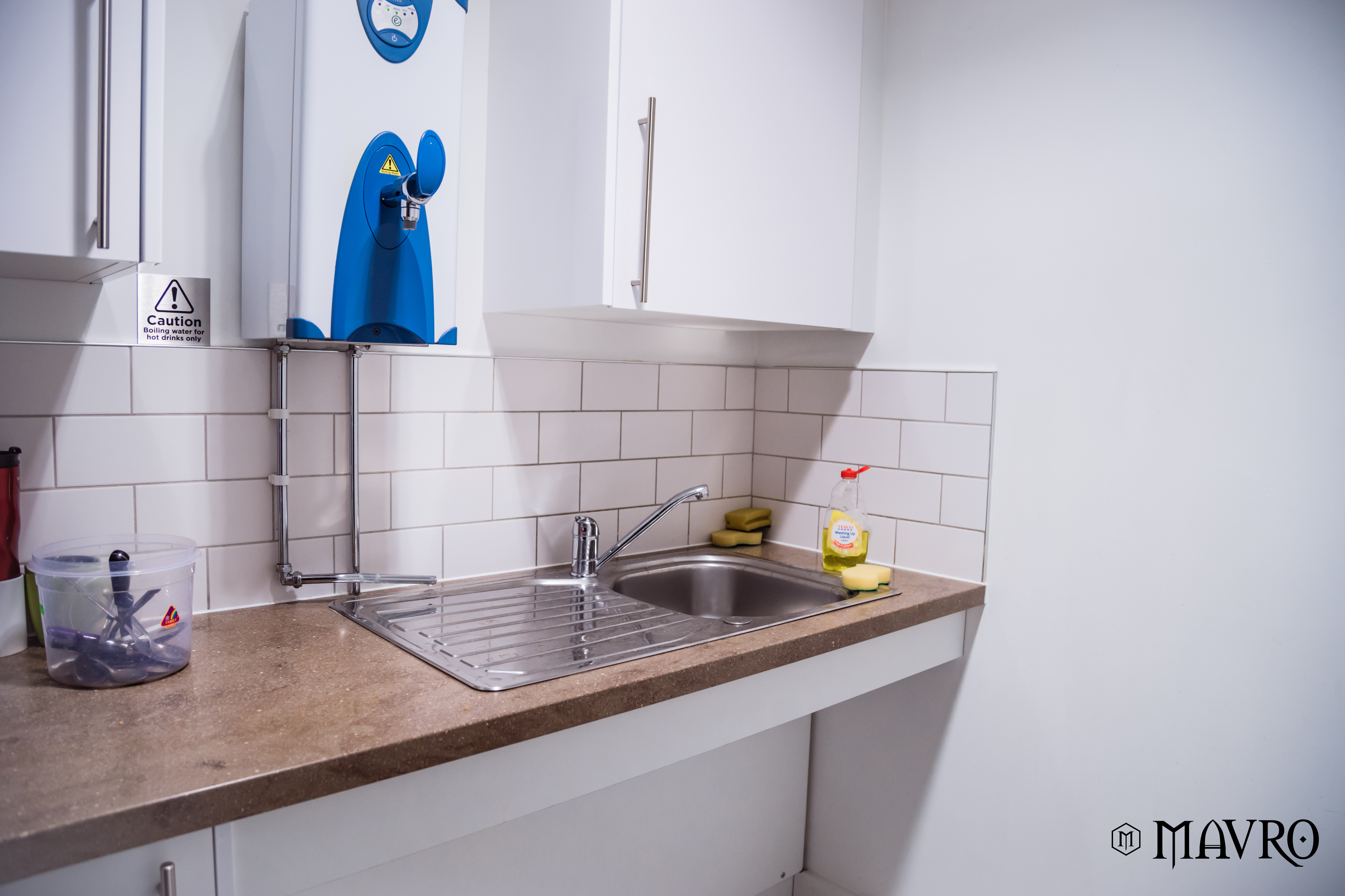 Whole Venue kitchenette at Mavro Studios, featuring stainless steel sink for events.