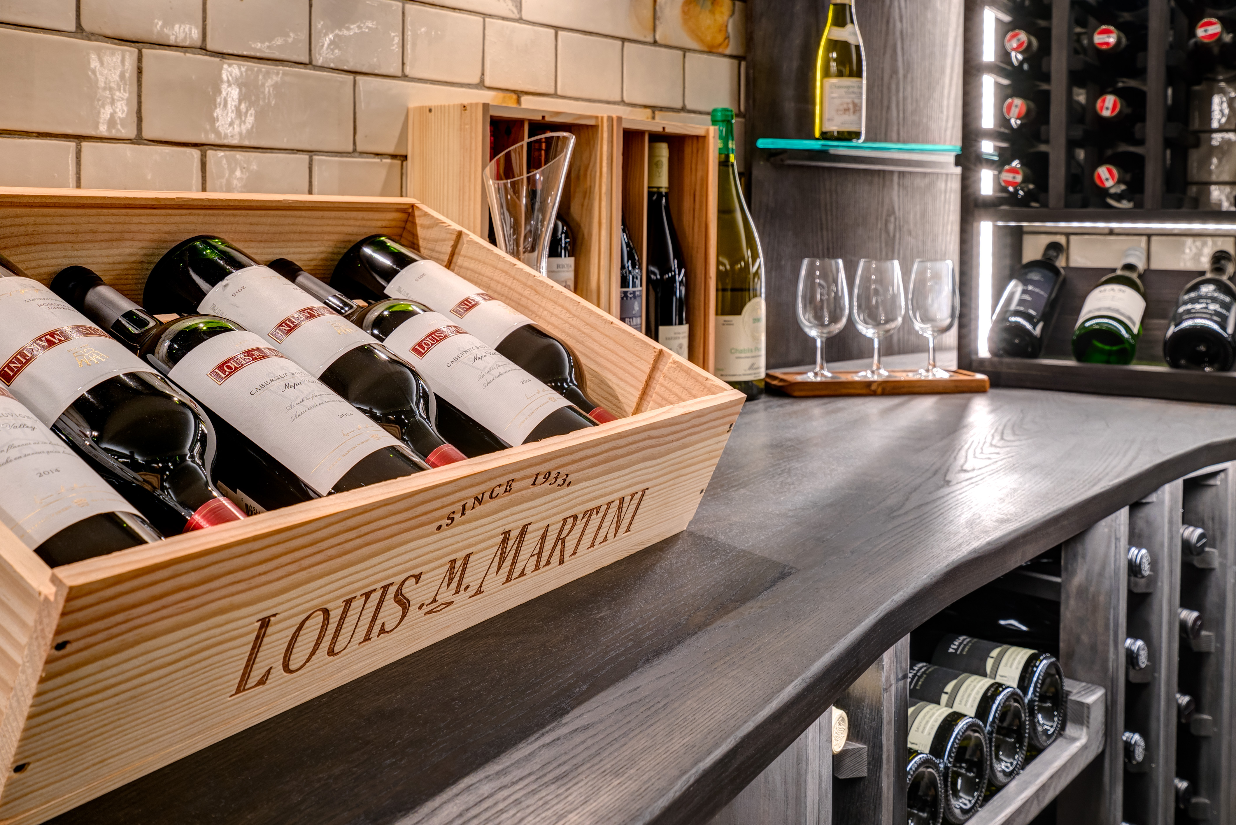 Elegant wine display in The Liberality Room, perfect for tastings and networking events.