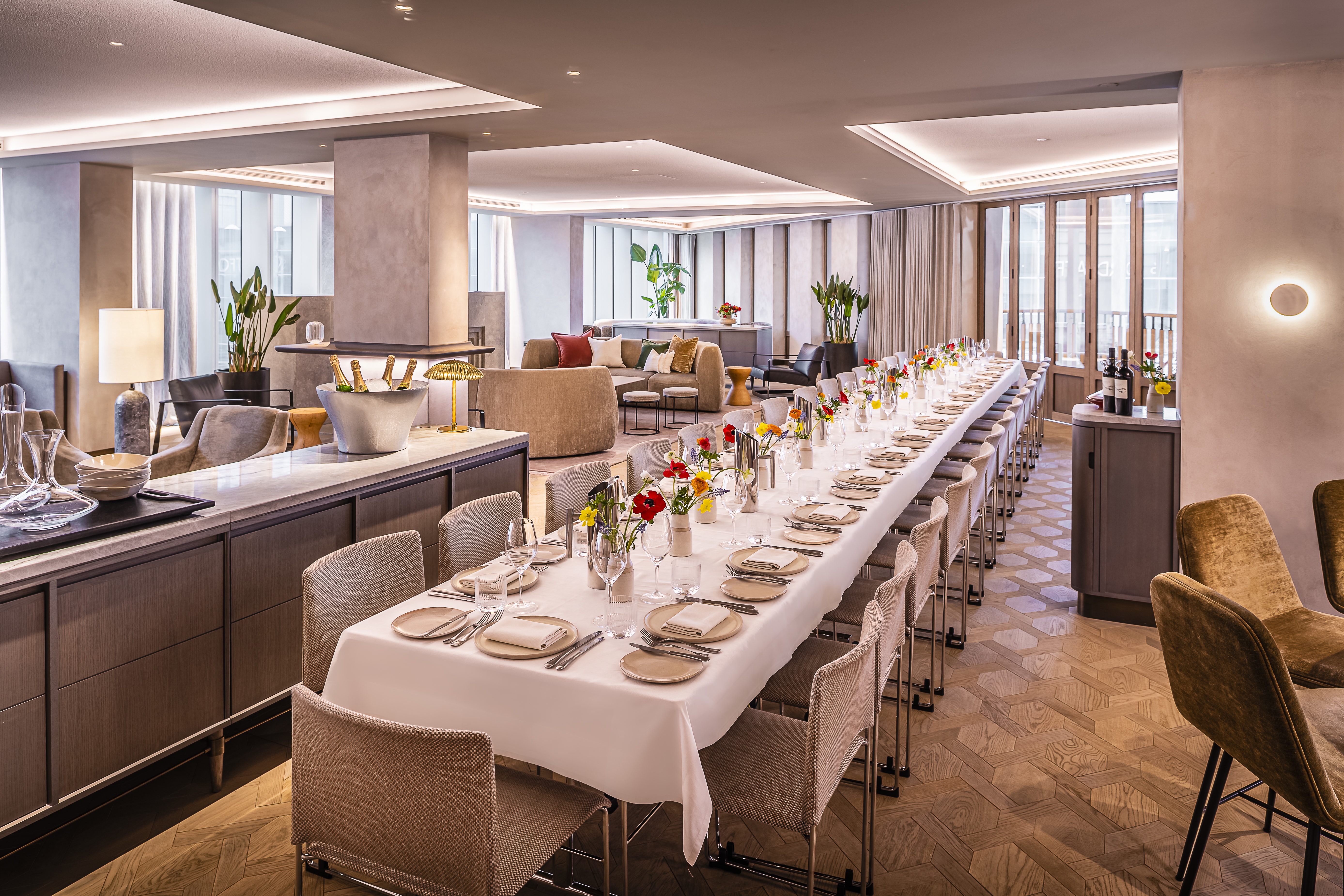 Elegant dining setup at The Mezzanine, perfect for corporate events and upscale gatherings.