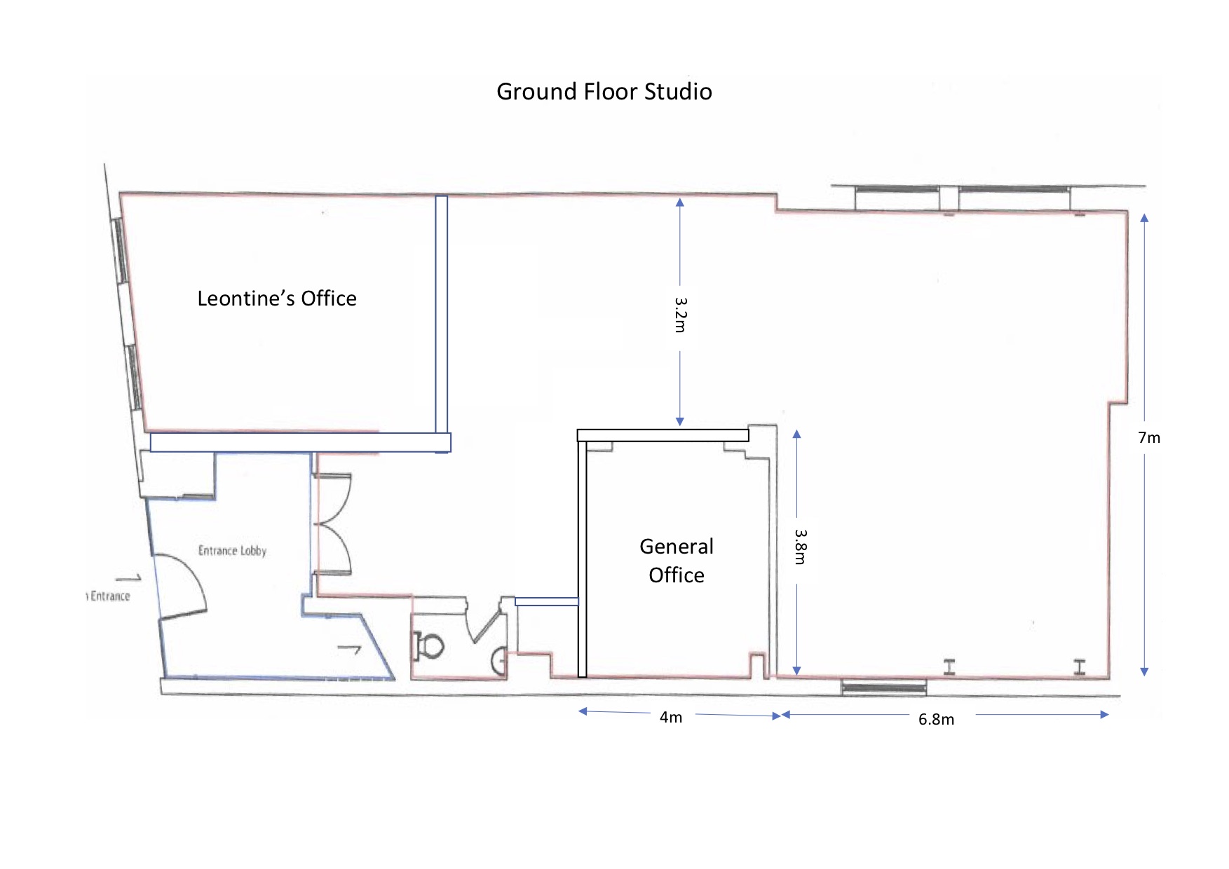 Ground floor studio layout for events, featuring Leontine's Office and flexible seating.