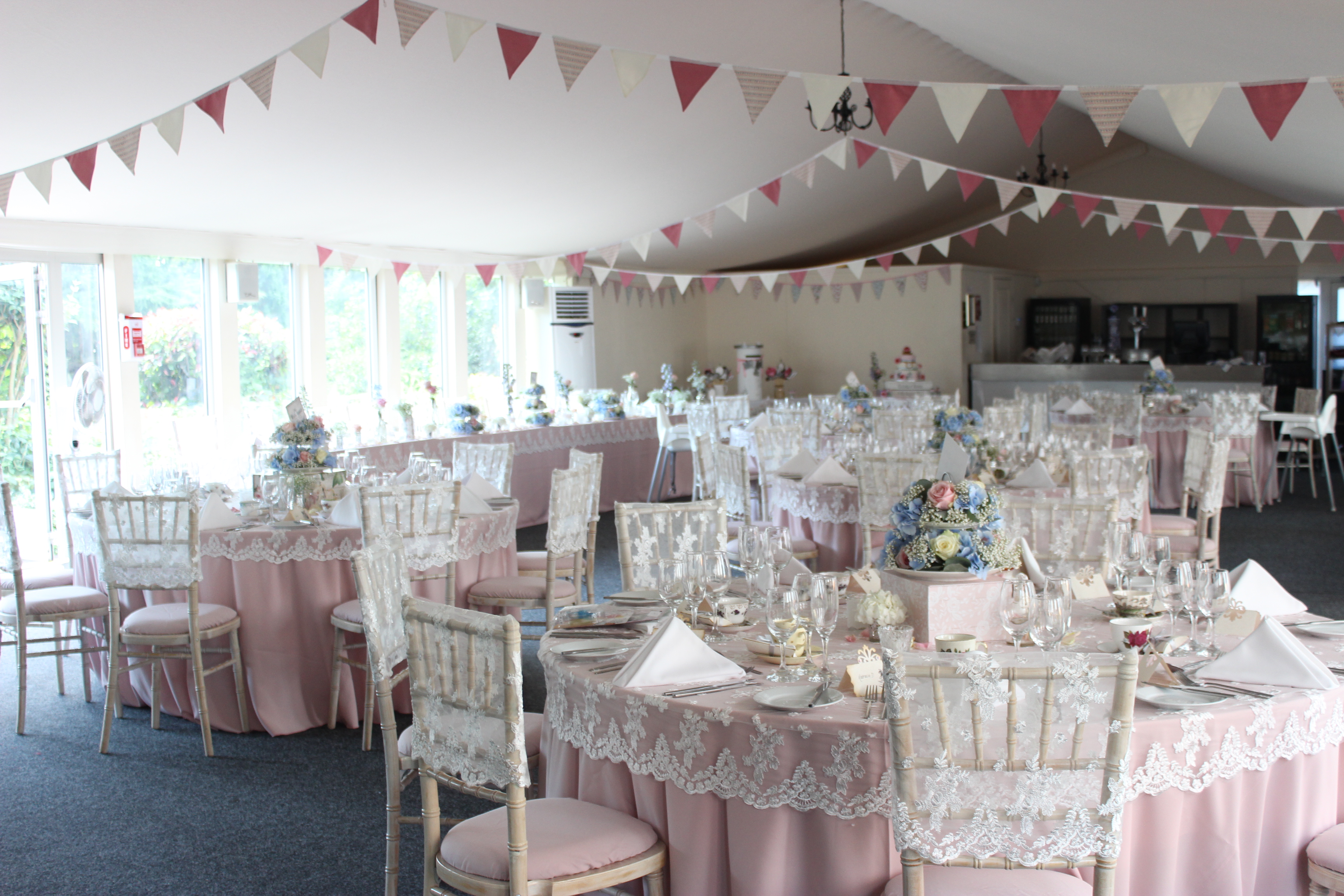 Terrace Marquee at Hunton Park Hotel, elegant wedding venue with pink linens and natural light.