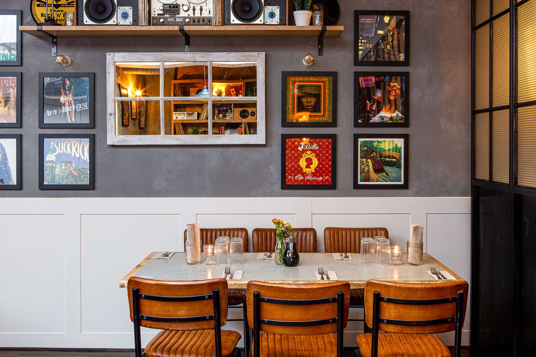 Stylish dining area at The Record Shop, ideal for networking events and small meetings.