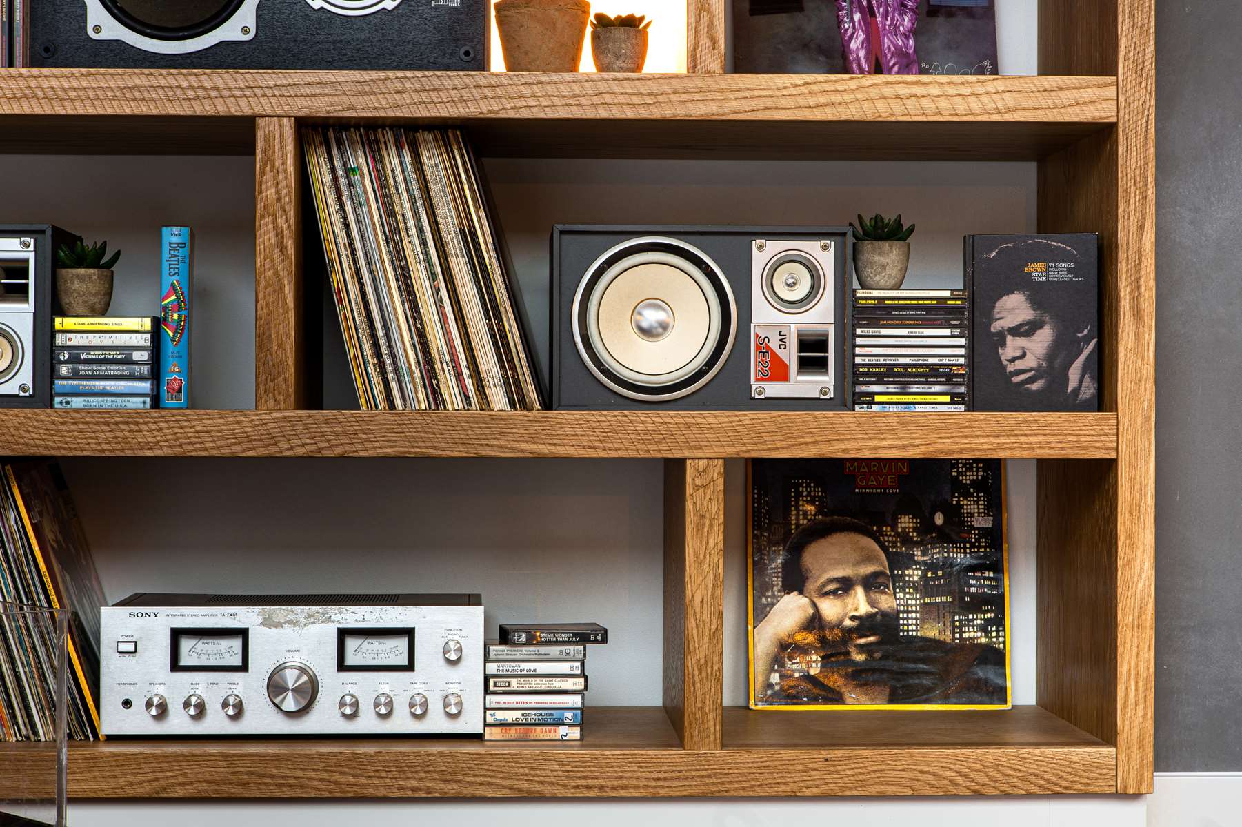 Stylish vinyl record display at The Record Shop, perfect for music-themed events.