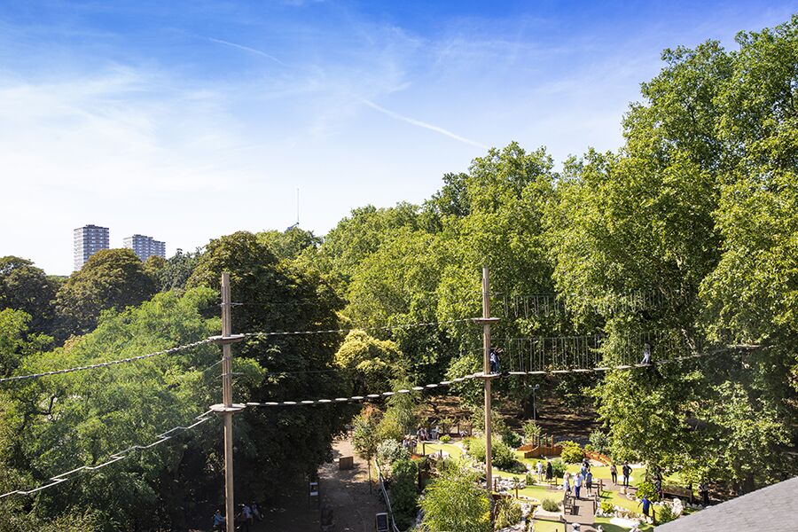 Vibrant outdoor venue at Go Ape Battersea, perfect for events in lush greenery.