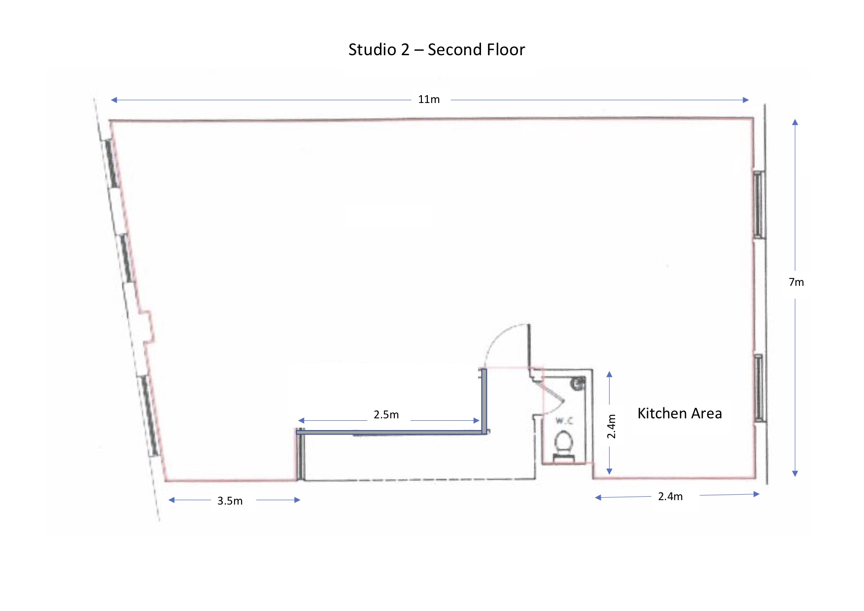 Second Floor Studio layout, 12m x 7m, ideal for workshops and meetings.