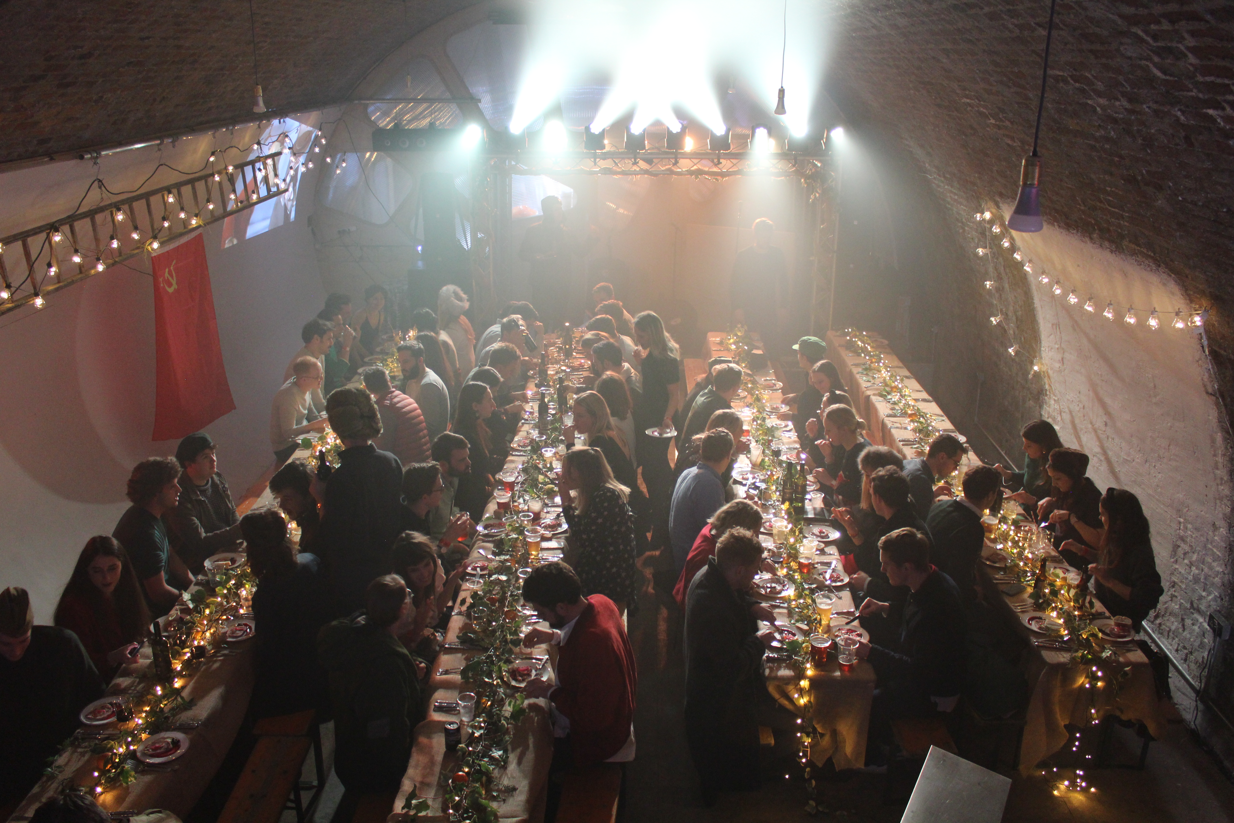 Vibrant banquet setup in rustic Studio Z Brixton, ideal for networking events and celebrations.