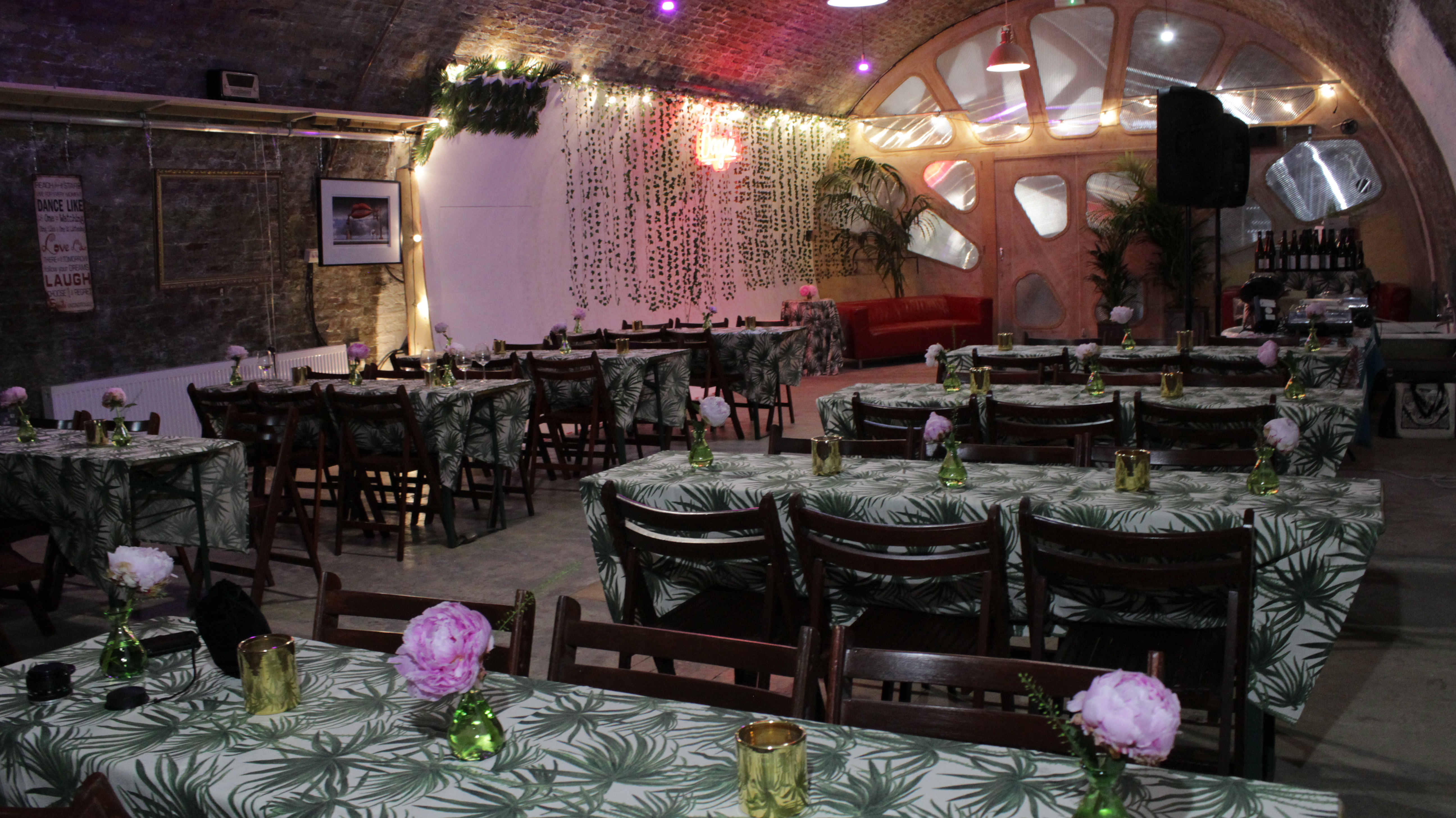 Tropical-themed event space in Studio Z Brixton, perfect for gatherings and celebrations.