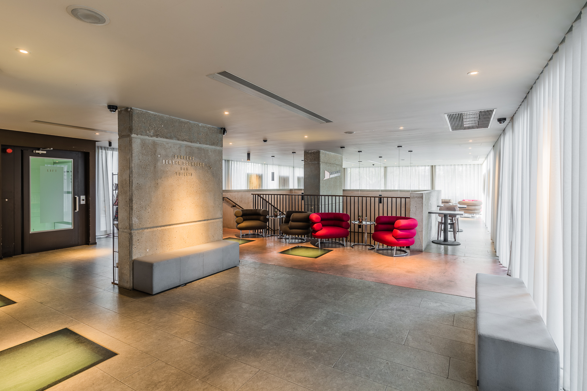 Modern event space at Curzon Bloomsbury with natural light, ideal for meetings and networking.