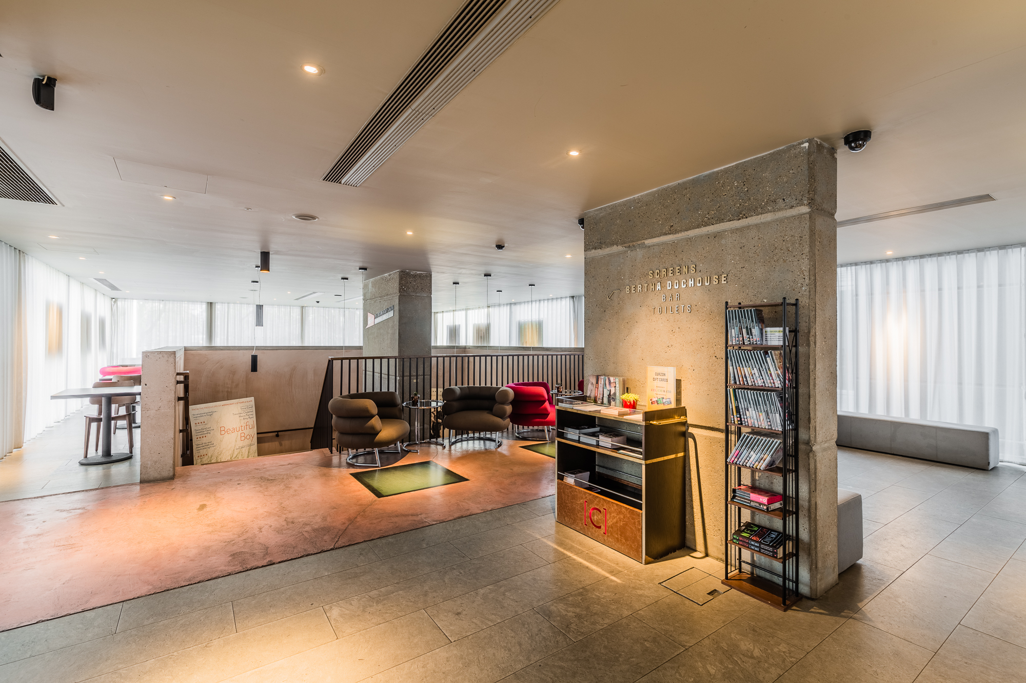 Modern event space at Curzon Bloomsbury with natural light, ideal for networking and meetings.