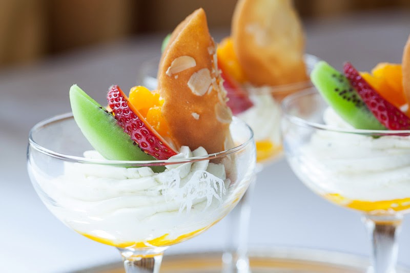 Elegant dessert cups with fresh fruits in Piper Room, Grocers' Hall for event catering.