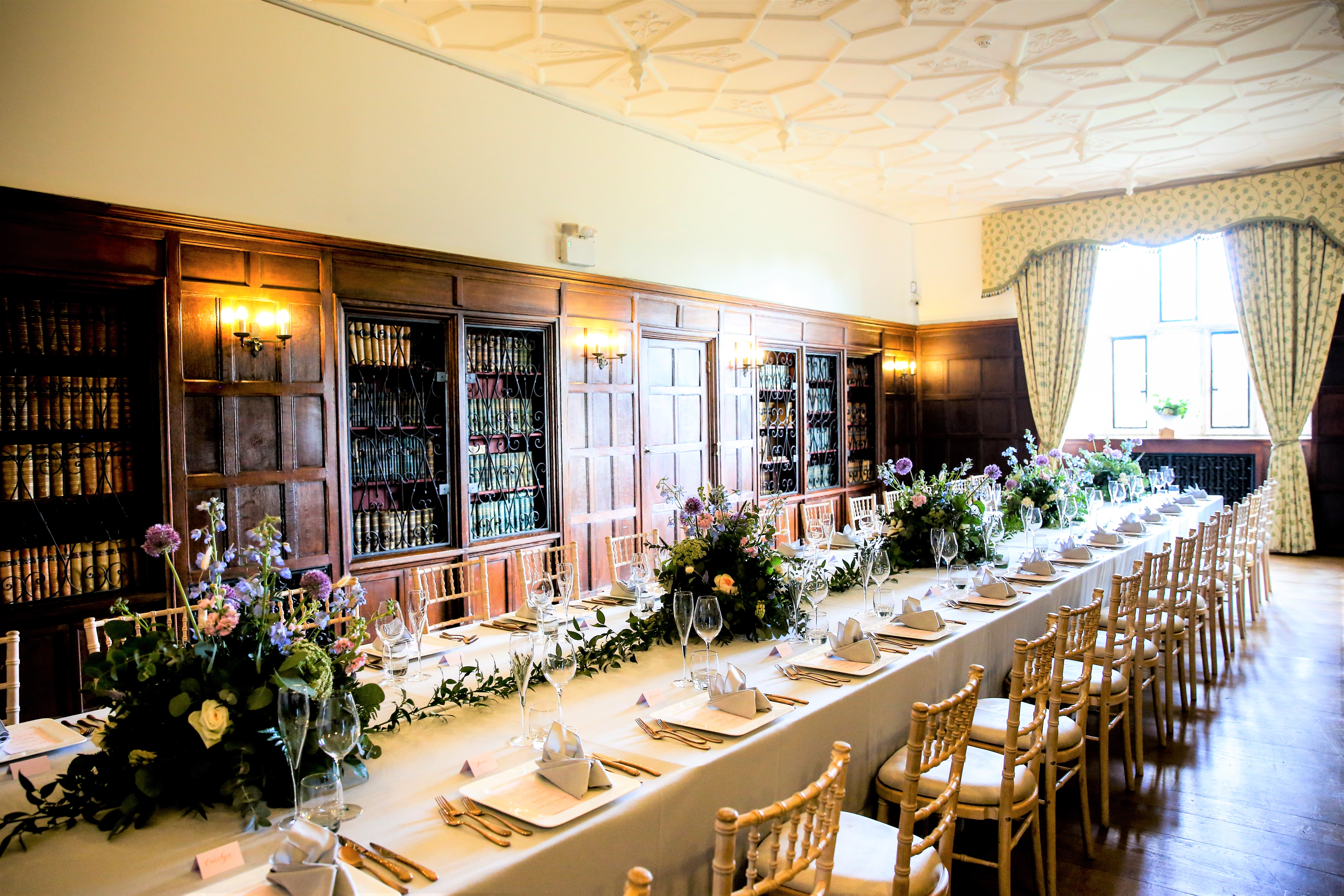 Elegant banquet setting at The Library in Wakehurst, perfect for formal events.
