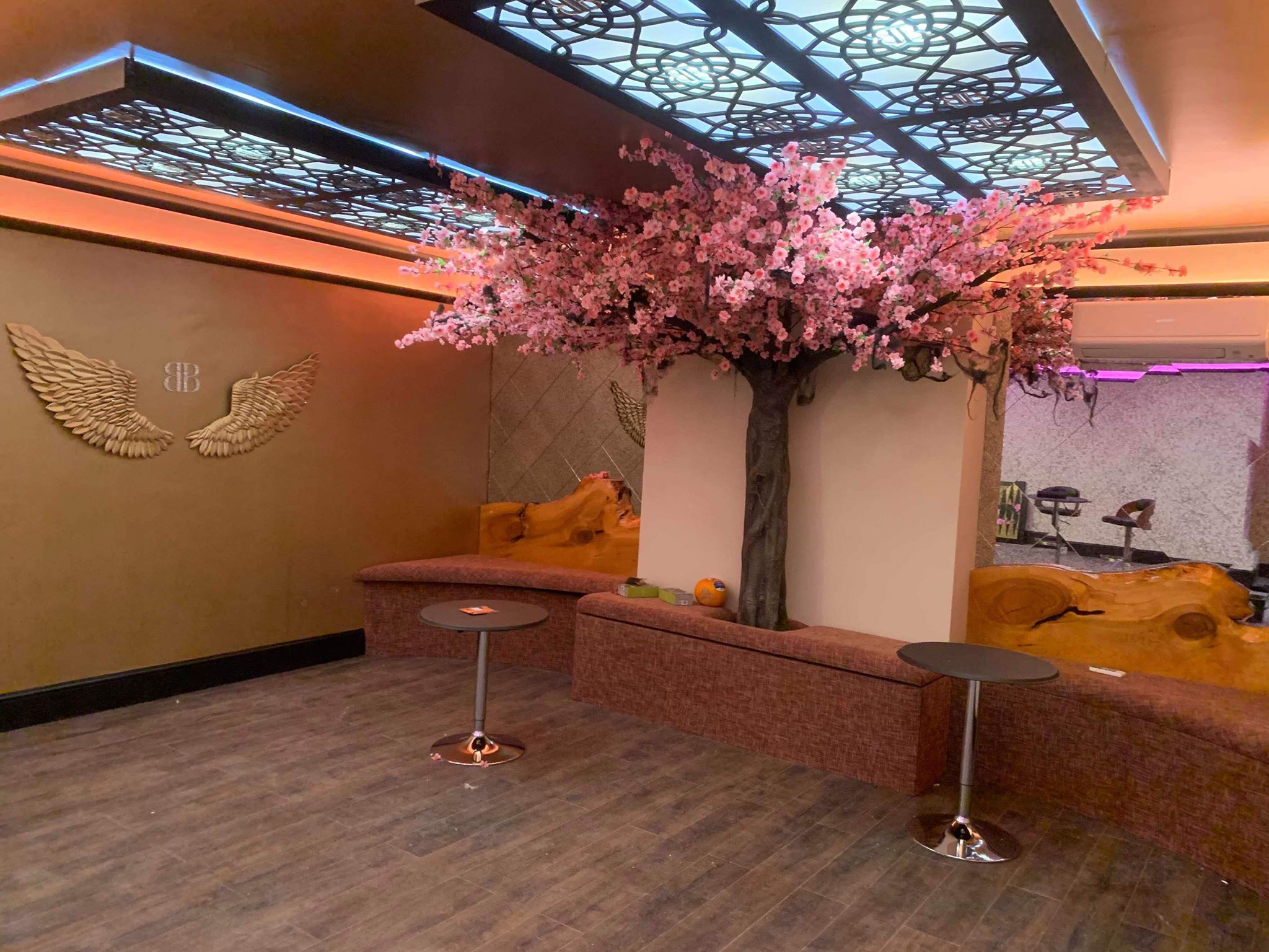 Stylish event space with cherry blossom tree, perfect for networking and gatherings.