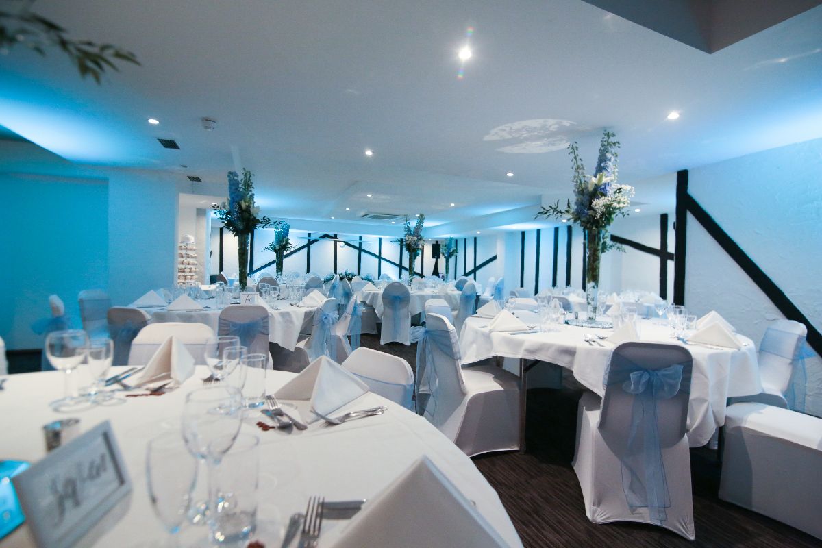 Riverhead Suite at Donnington Manor Hotel, elegant wedding event space with blue lighting.