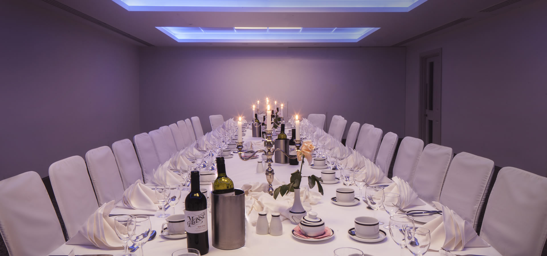 Elegant dining table in Titchfield Suite, Langham Court Hotel for corporate dinners.