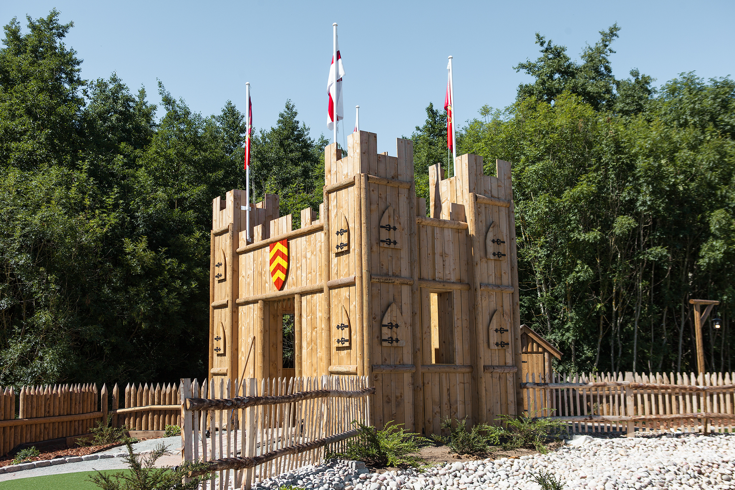 Wooden castle at Adventure Golf Course, perfect for themed events and outdoor gatherings.