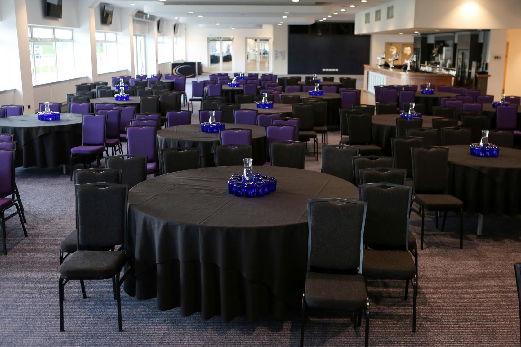 Fairwood Suite banquet setup at Chelmsford City Racecourse for gala or awards dinner.