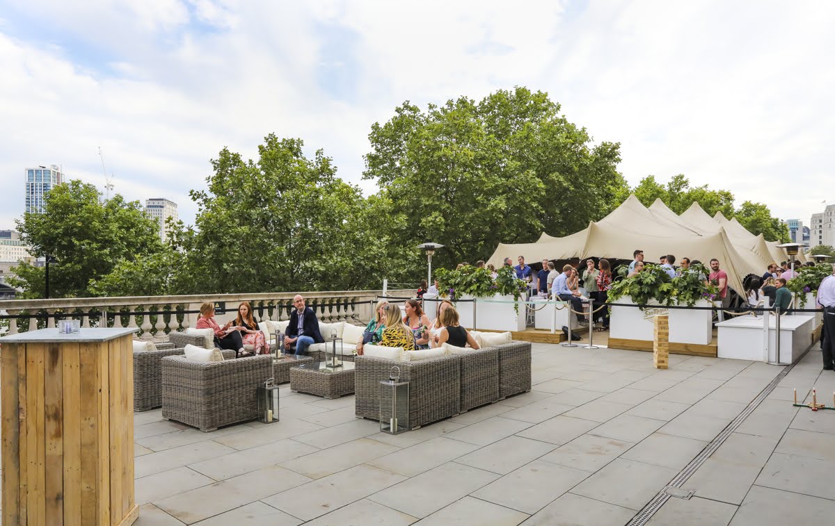 Stylish outdoor event space at Somerset House with lush greenery for networking gatherings.