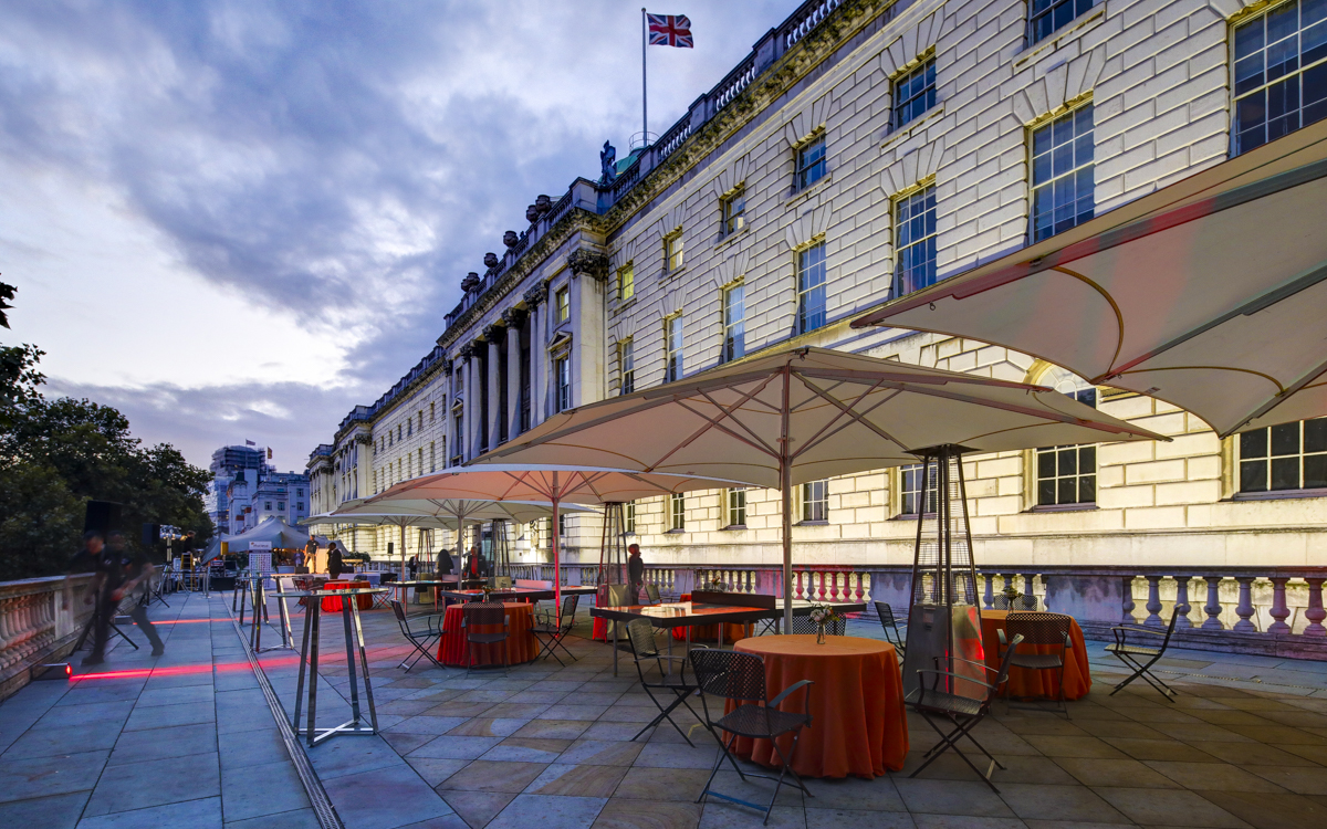 Elegant outdoor event space at Somerset House with stylish canopies for corporate gatherings.