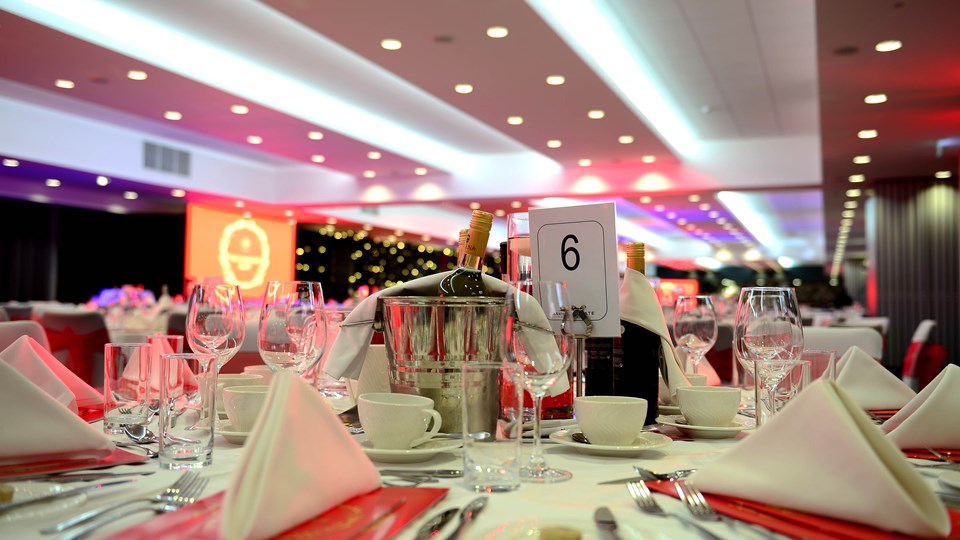 Elegant banquet setup at Ashton Gate Stadium for corporate events and upscale celebrations.