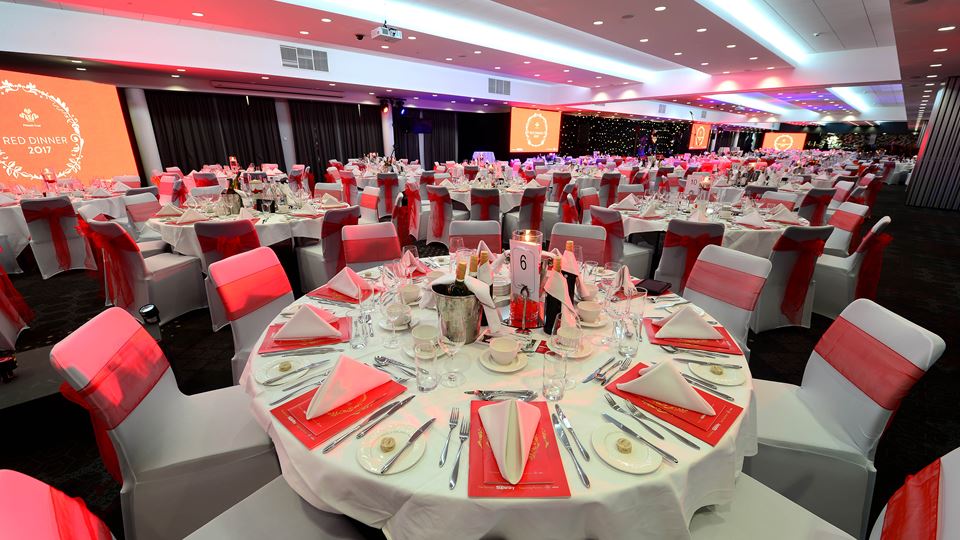 Elegant banquet hall at Ashton Gate Stadium for corporate events and celebrations.